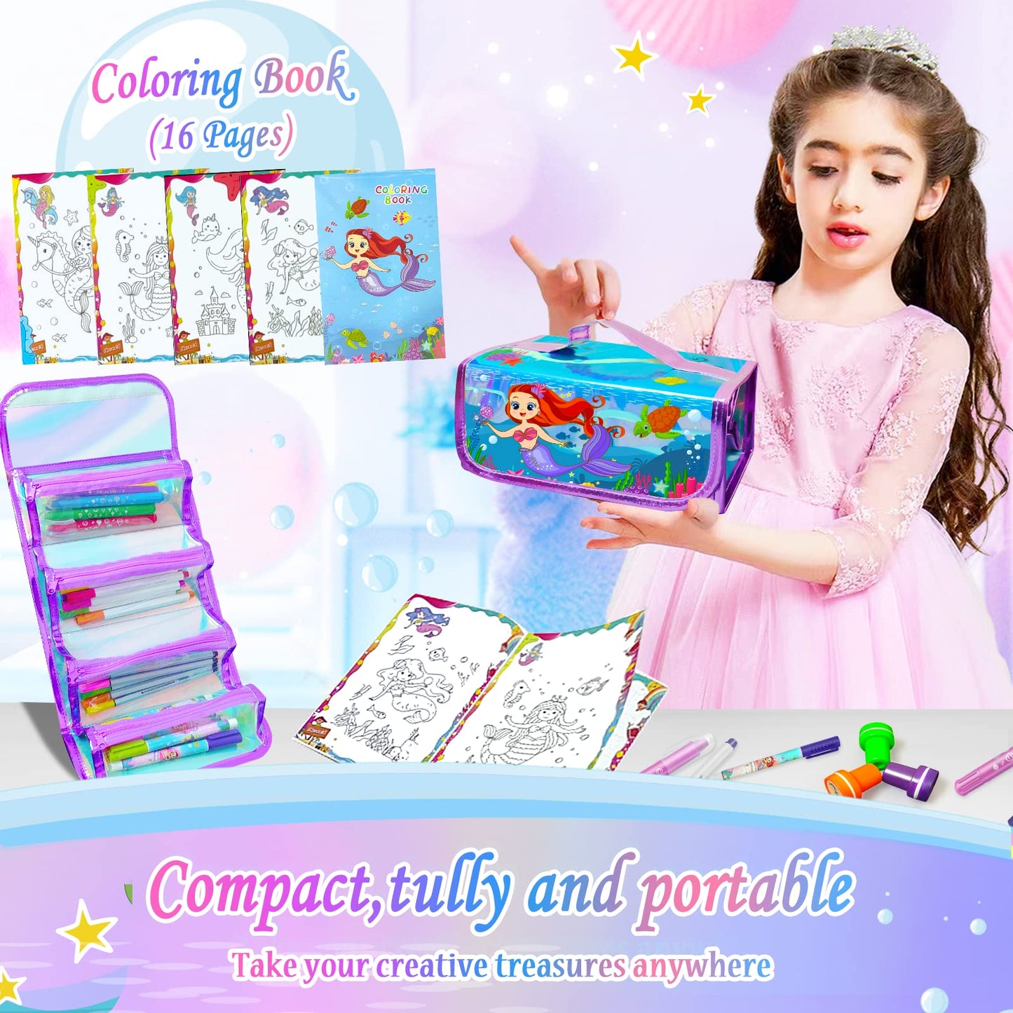 weirtoya 56 PCS Washable Scented Markers Set with Glitter Case – Mermaid Unicorn Art Kit for Kids 4-8