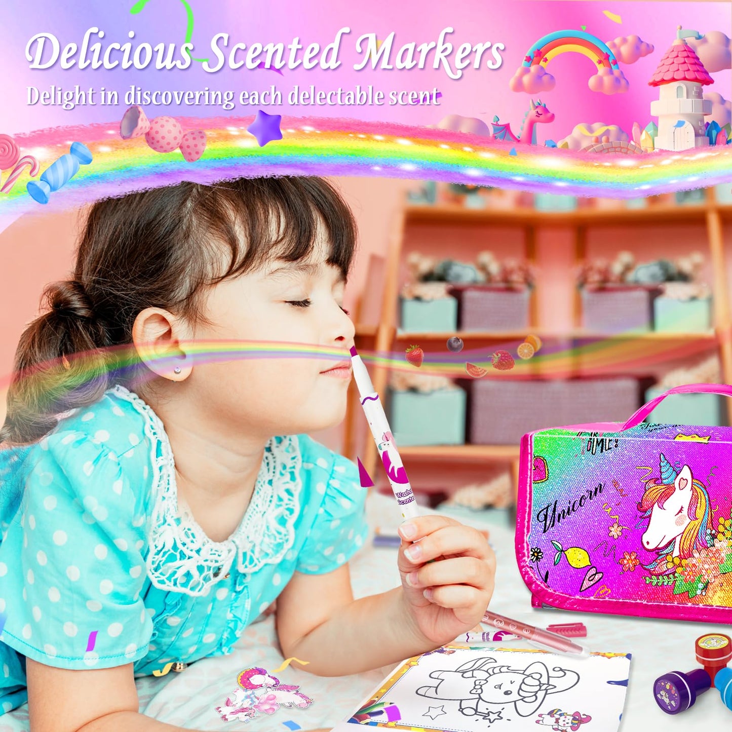 weirtoya 56 PCS Washable Scented Markers with Glitter Pencil Case – Mermaid Unicorn Arts & Crafts Kit for Kids 4-8