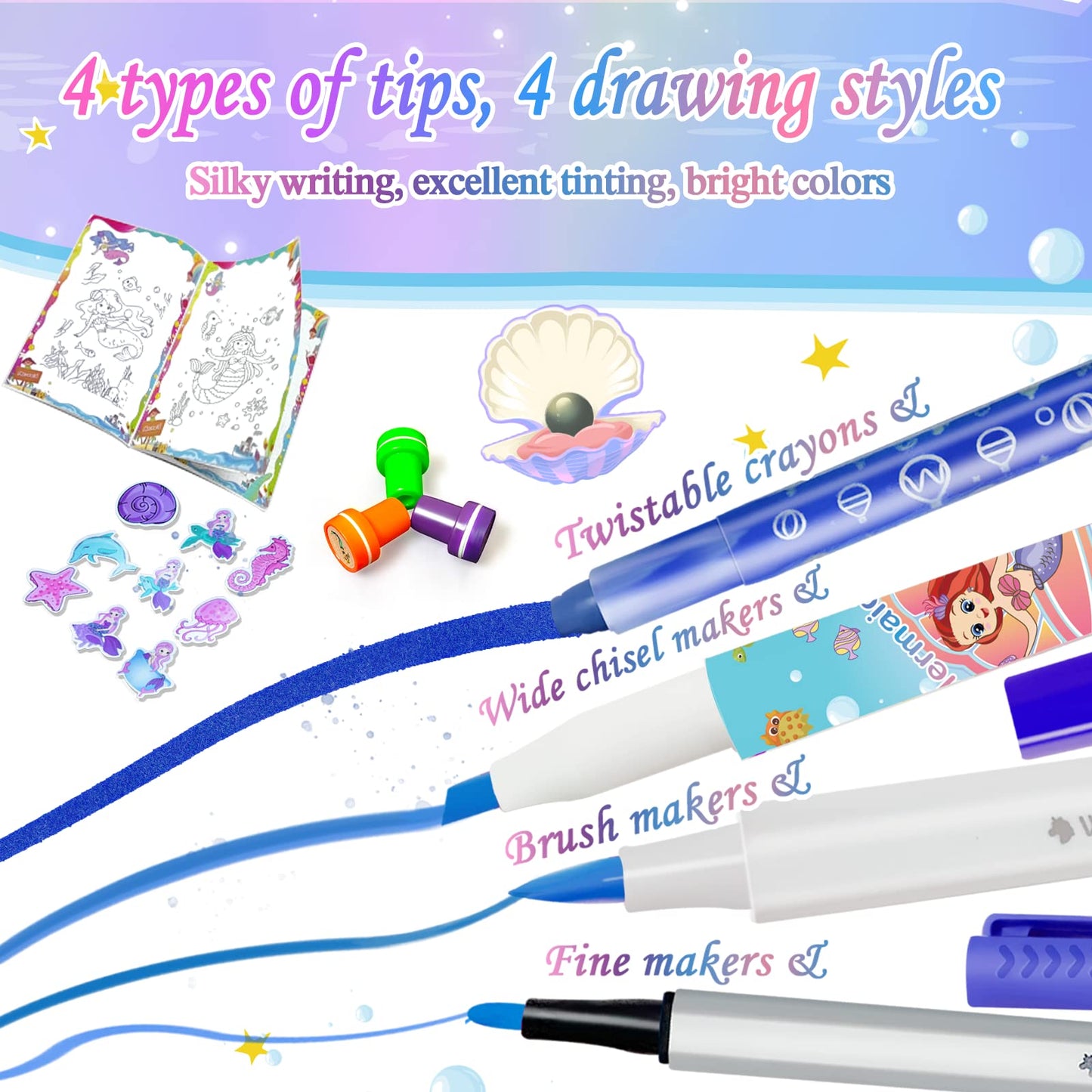 weirtoya 56 PCS Washable Scented Markers Set with Glitter Case – Mermaid Unicorn Art Kit for Kids 4-8