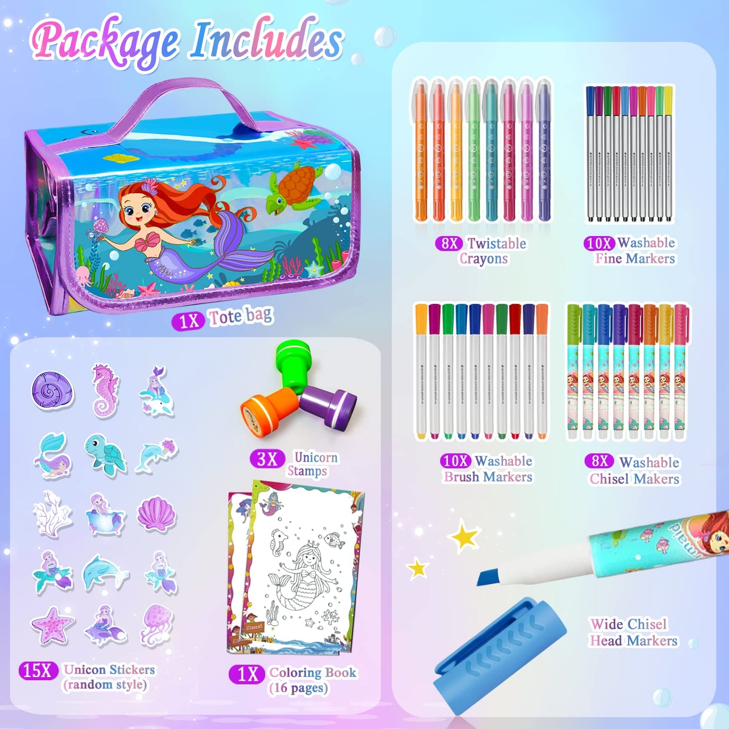 weirtoya 56 PCS Washable Scented Markers Set with Glitter Case – Mermaid Unicorn Art Kit for Kids 4-8