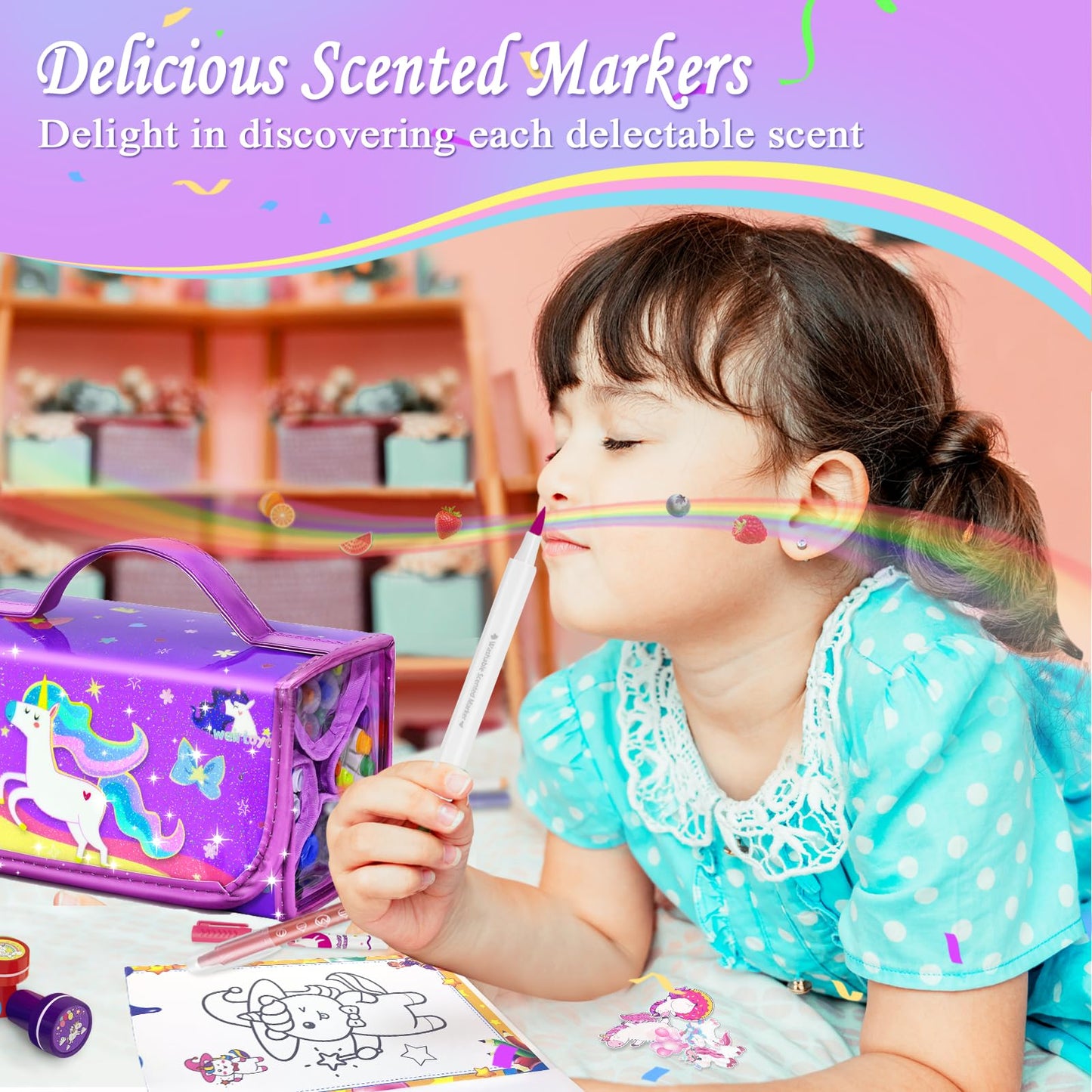 Weirtoya 56 PCS Washable Scented Markers Set with Glitter Pencil Case – Mermaid Unicorn Arts & Crafts Kit for Kids 4-8