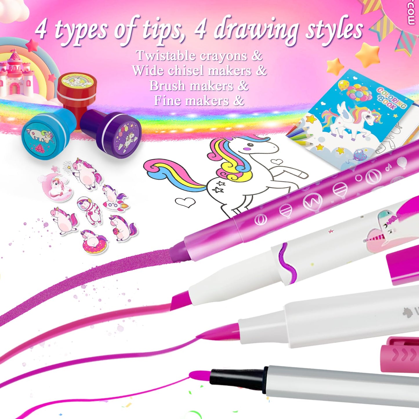weirtoya 56 PCS Washable Scented Markers with Glitter Pencil Case – Mermaid Unicorn Arts & Crafts Kit for Kids 4-8