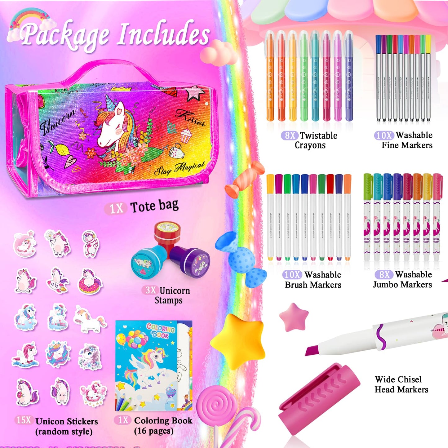 weirtoya 56 PCS Washable Scented Markers with Glitter Pencil Case – Mermaid Unicorn Arts & Crafts Kit for Kids 4-8
