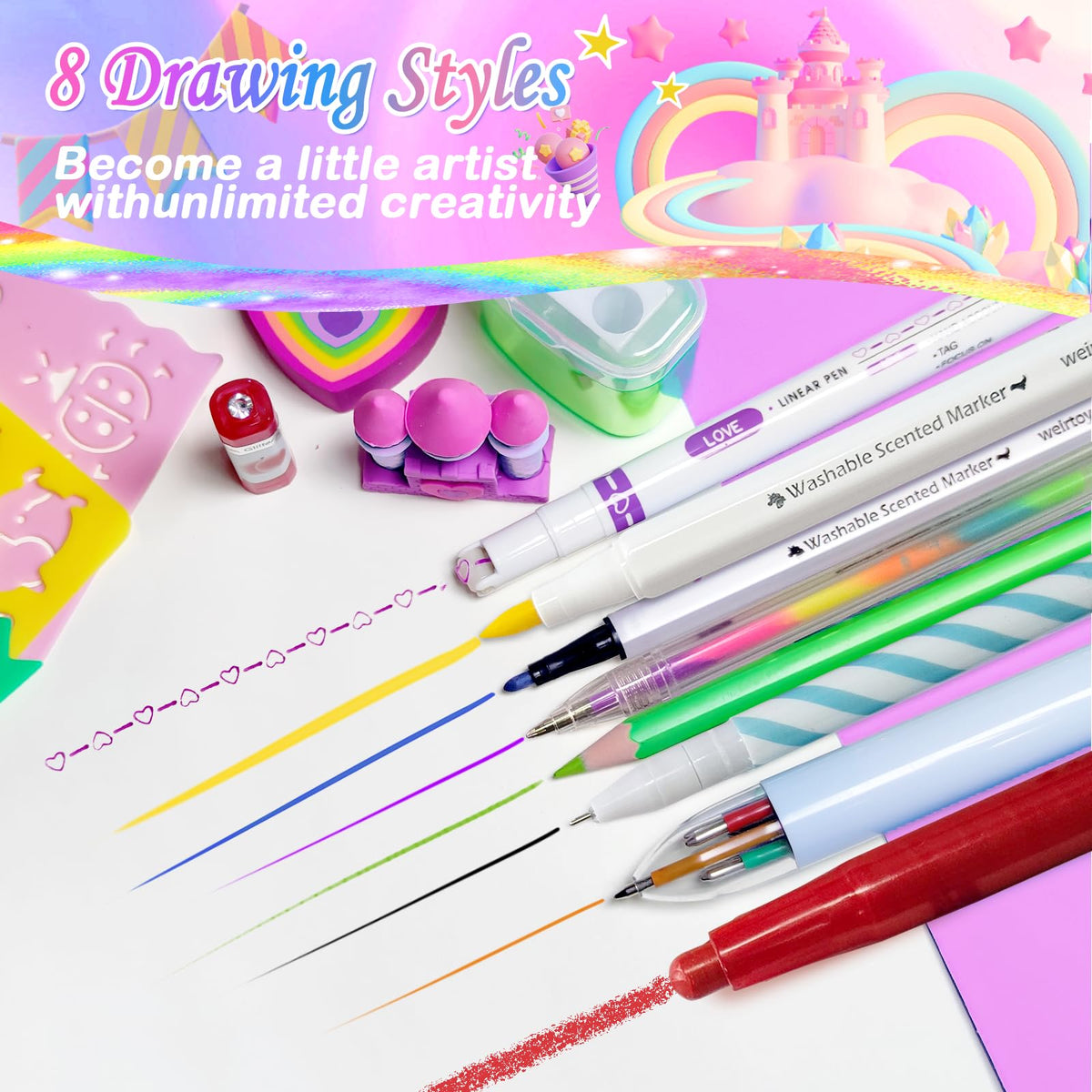 Weirtoya 53 PCS Washable Scented Markers Set — Mermaid Unicorn Art Kit for Kids 4-8, Glitter Pencil Case
