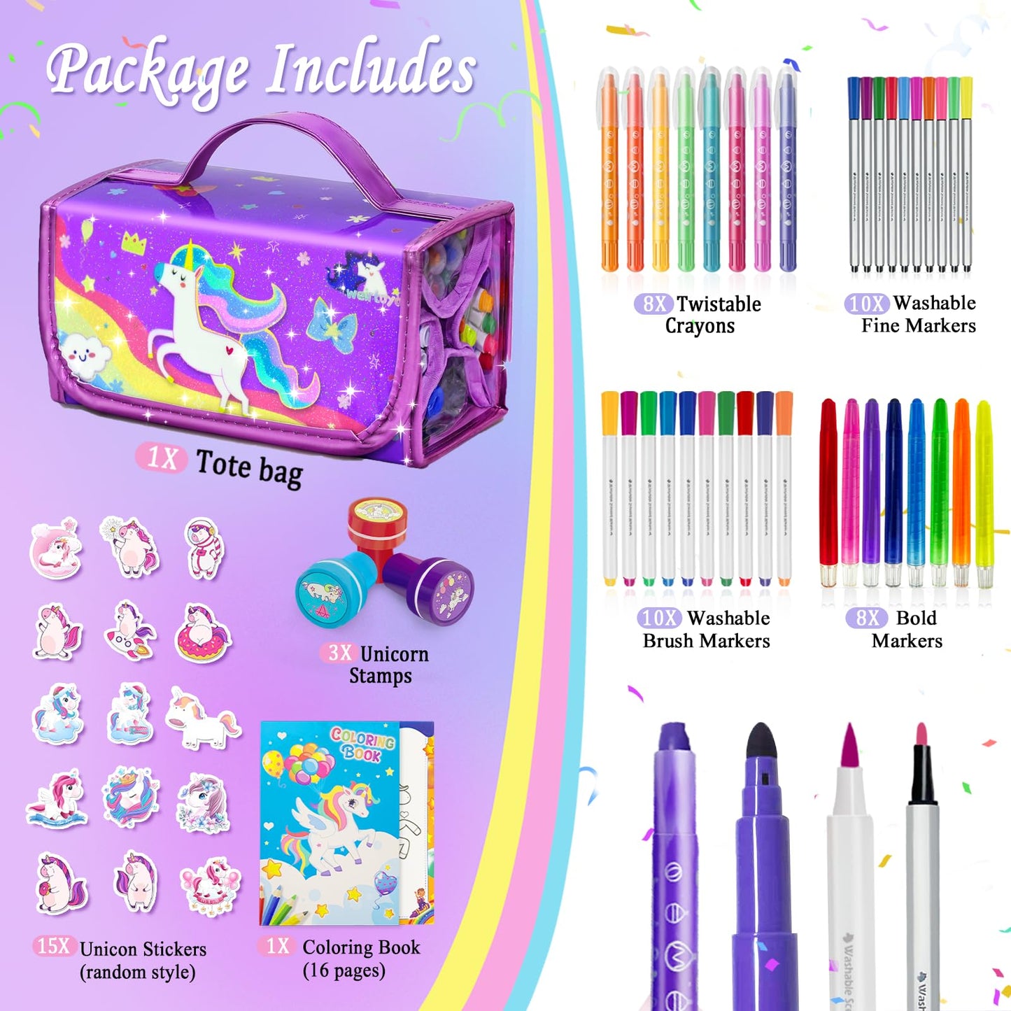 Weirtoya 56 PCS Washable Scented Markers Set with Glitter Pencil Case – Mermaid Unicorn Arts & Crafts Kit for Kids 4-8