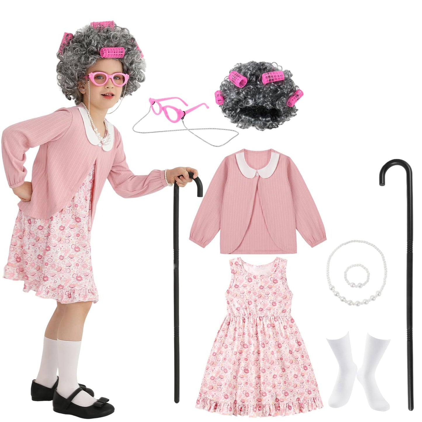 Weixinbuy Old Lady Costume for Kids – 12-Piece Dress Up Set (5-7Y)