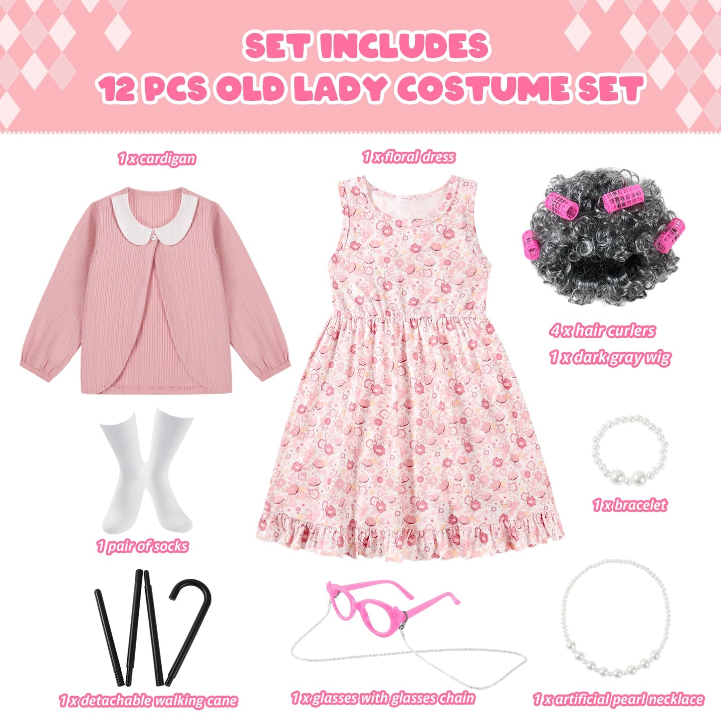 Weixinbuy Old Lady Costume for Kids – 12-Piece Dress Up Set (5-7Y)