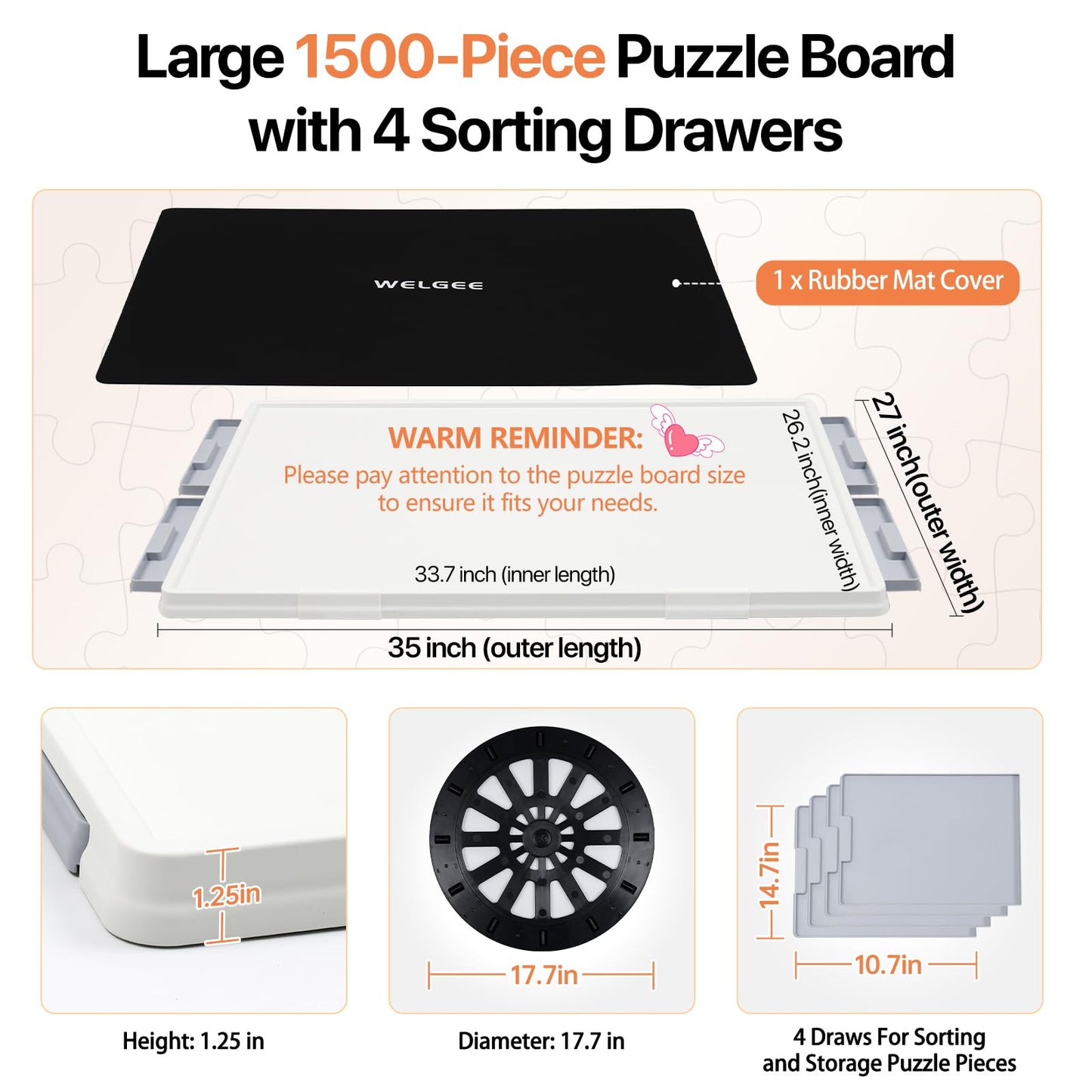 WELGEE 1500-Piece Tilt & Rotate Puzzle Board — 35x27 Portable Jigsaw Table with Drawers