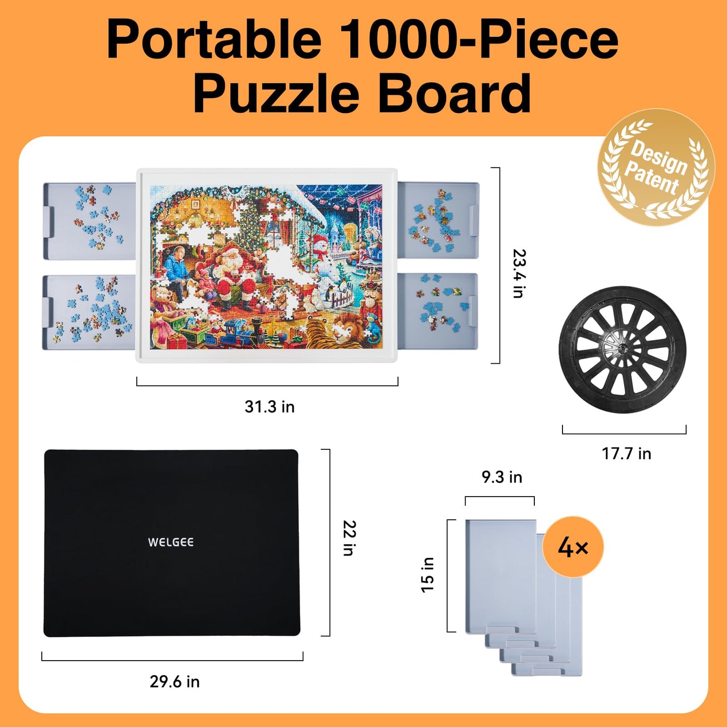 WelGEE 1000-Piece Rotating Puzzle Board with Drawers & Cover | 30x22in