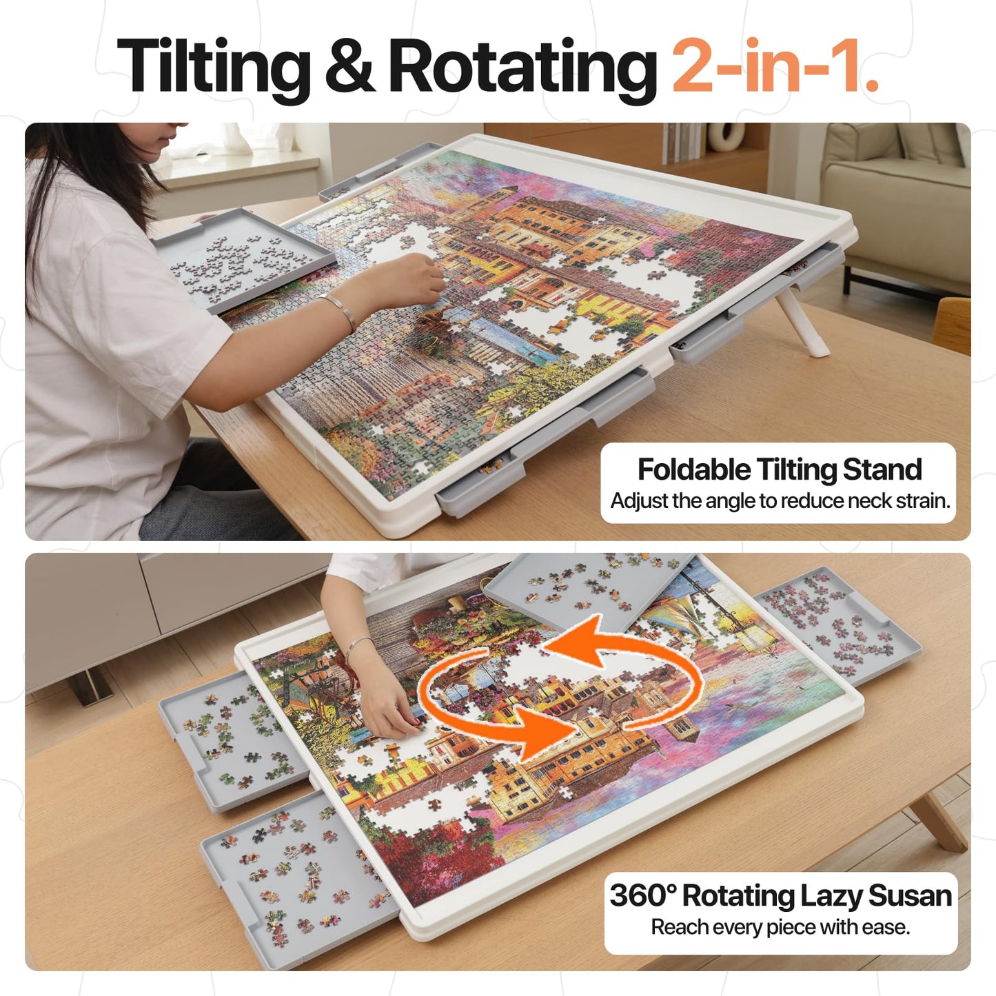 WELGEE 1500-Piece Tilt & Rotate Puzzle Board — 35x27 Portable Jigsaw Table with Drawers