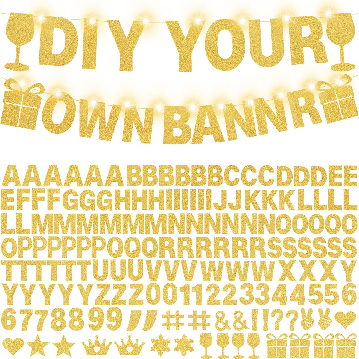 WELITTCON 175-Pcs Glitter Customizable Banner Kit — Birthday & Party Decor (Glitter Gold)