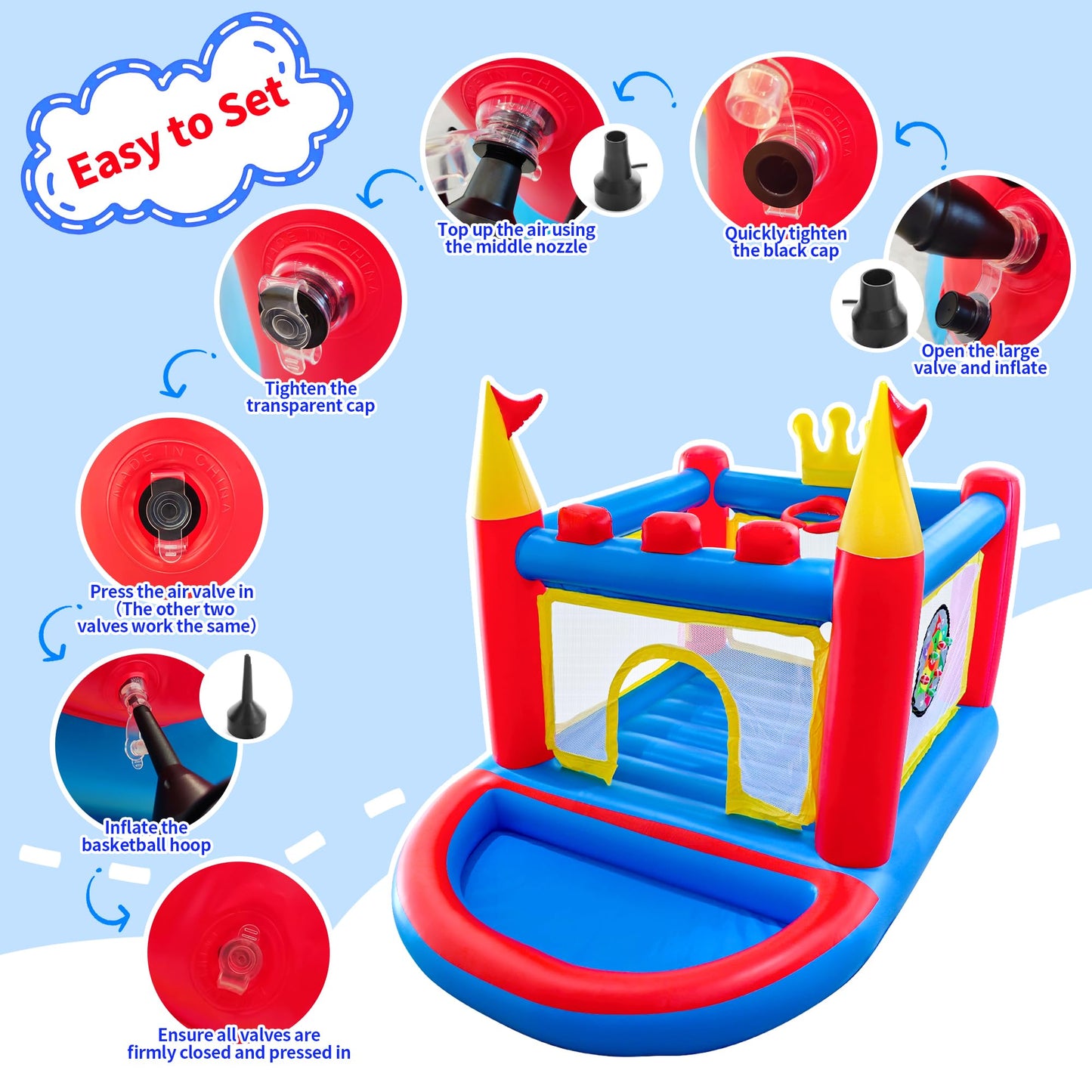 WELLFUNTIME Inflatable Bounce House with Pump — Indoor & Outdoor Kids Bouncer (Ages 3-8)