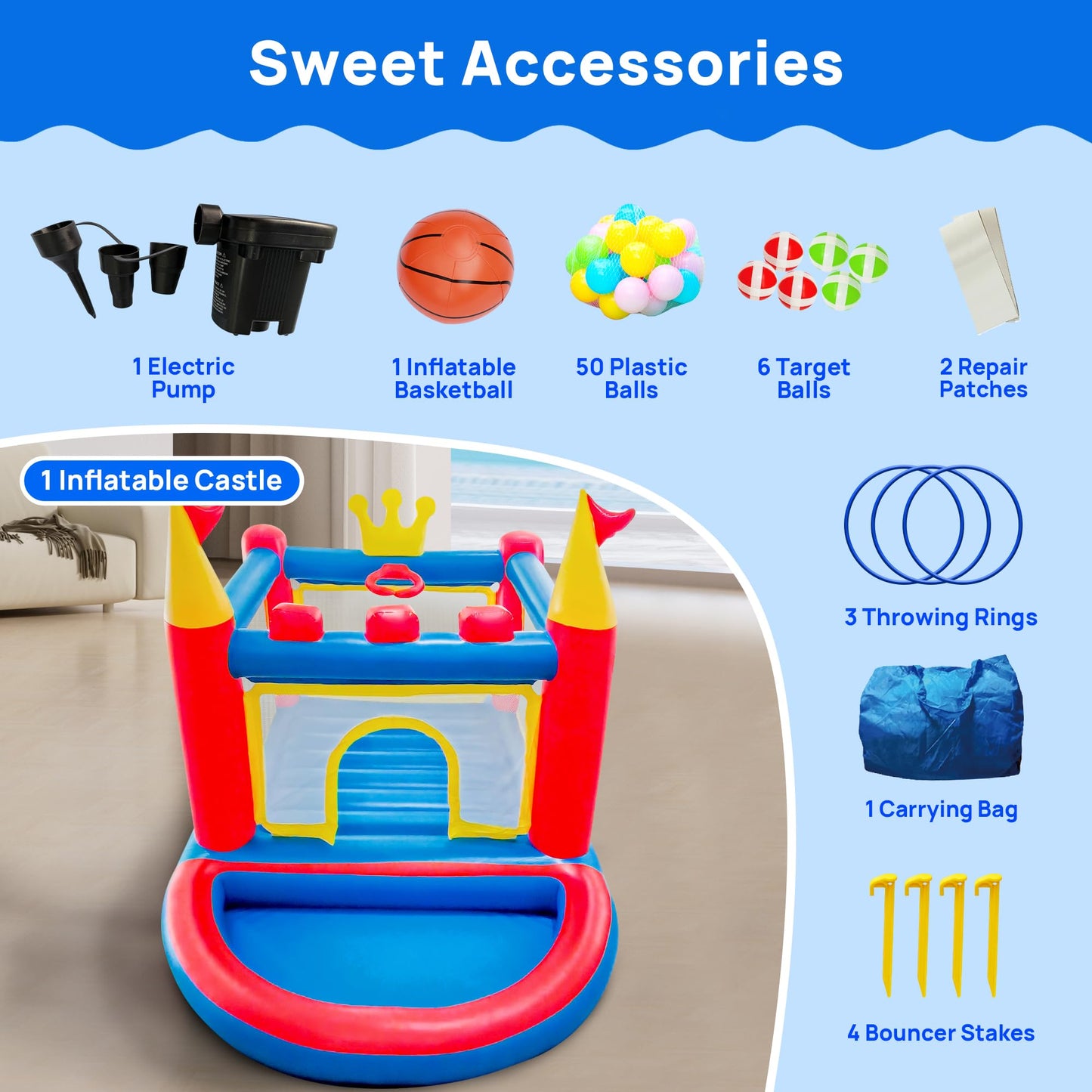 WELLFUNTIME Inflatable Bounce House with Pump — Indoor & Outdoor Kids Bouncer (Ages 3-8)