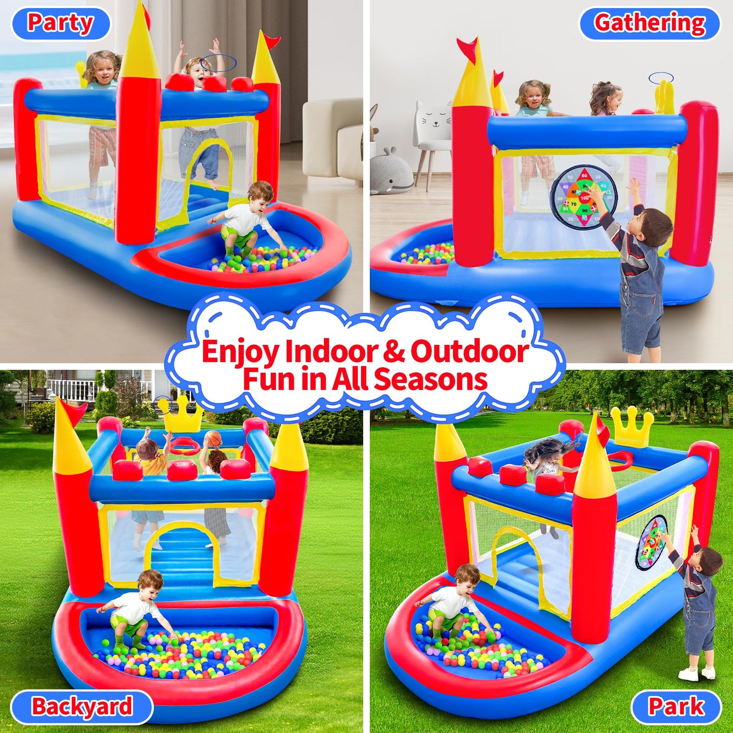 WELLFUNTIME Inflatable Bounce House with Pump — Indoor & Outdoor Kids Bouncer (Ages 3-8)