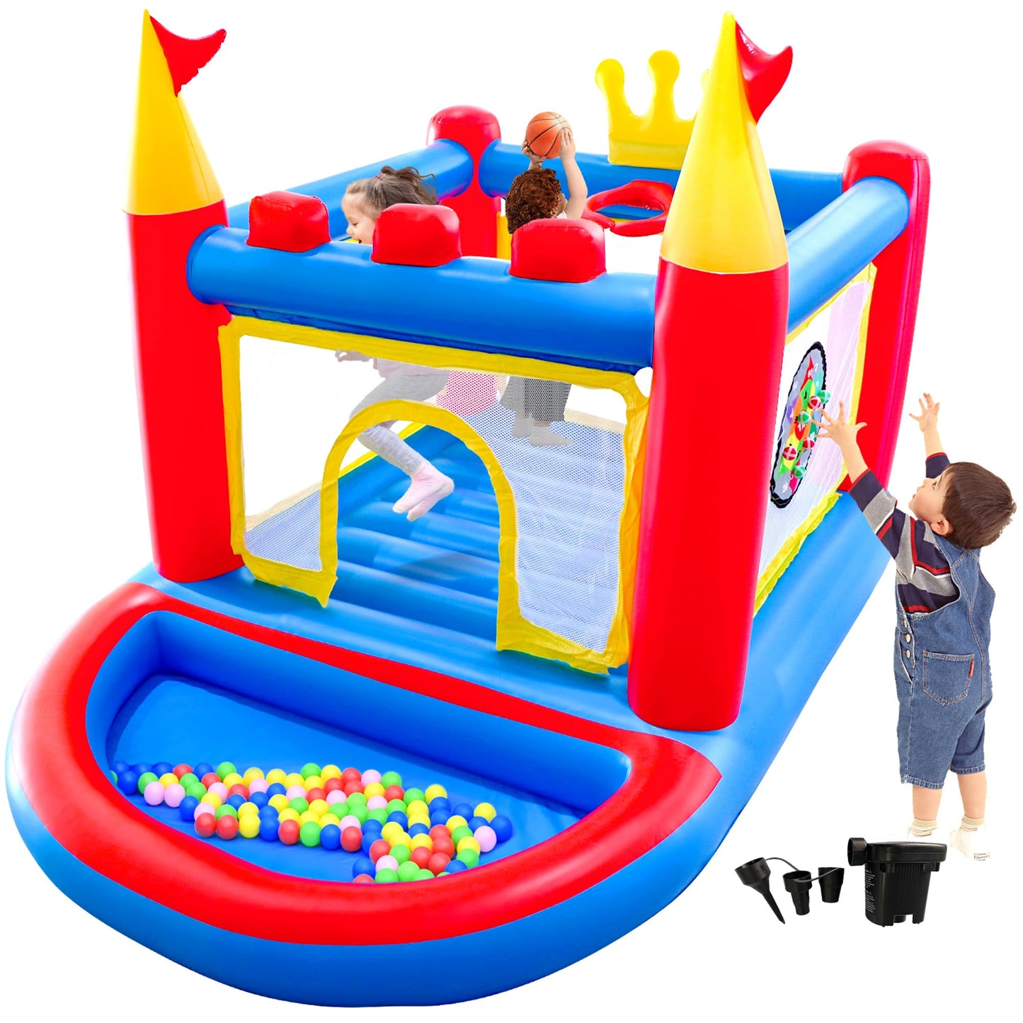 WELLFUNTIME Inflatable Bounce House with Pump — Indoor & Outdoor Kids Bouncer (Ages 3-8)