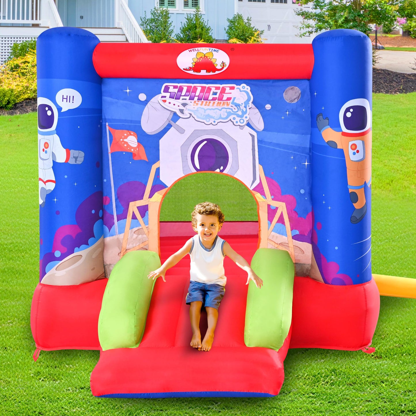 WELLFUNTIME Inflatable Bounce House Castle with Slide & Blower – 110 x 82.5 x 72.8 in