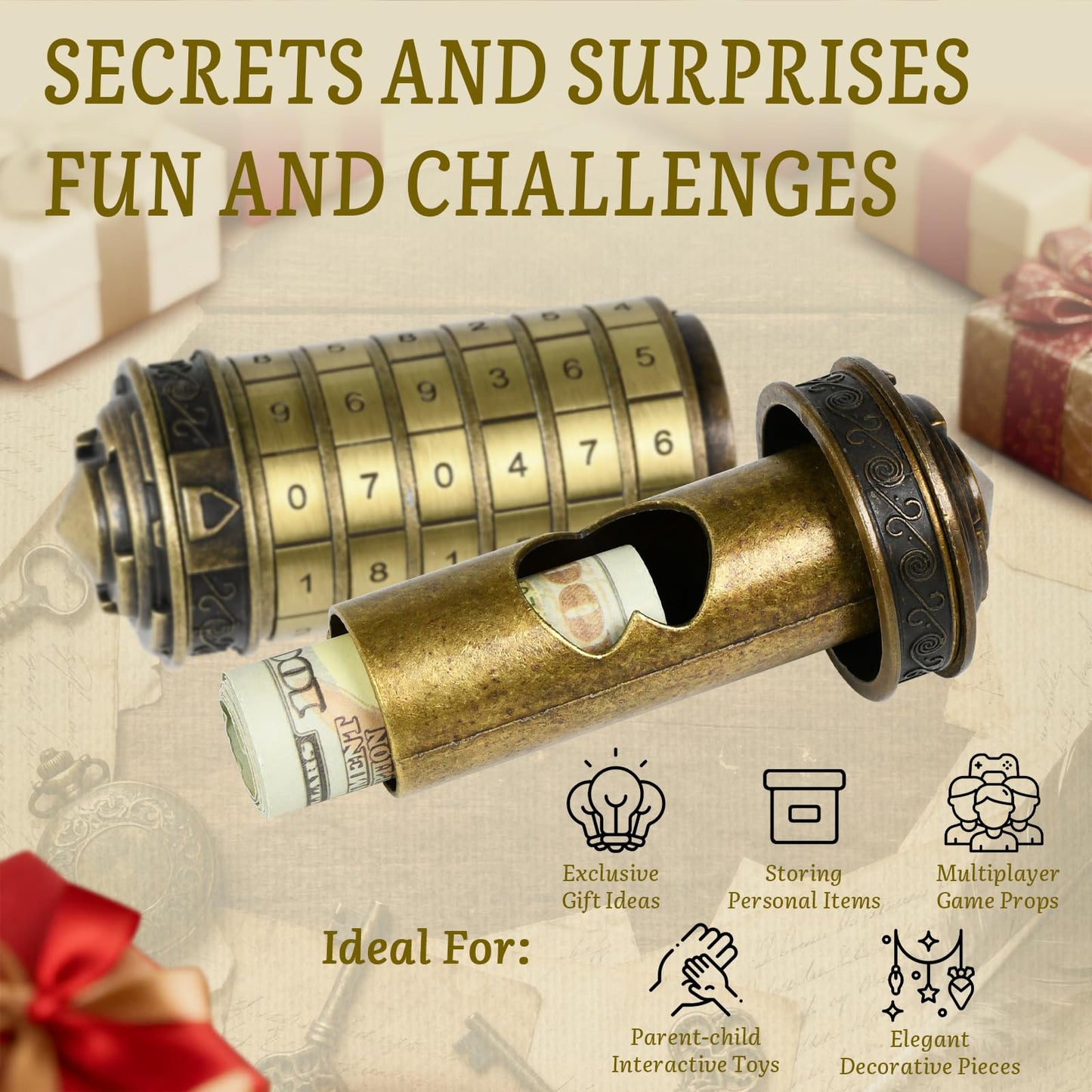 Wellsee Da Vinci Code Mini Numbers Cryptex Bronze – Puzzle Box with Hidden Compartment