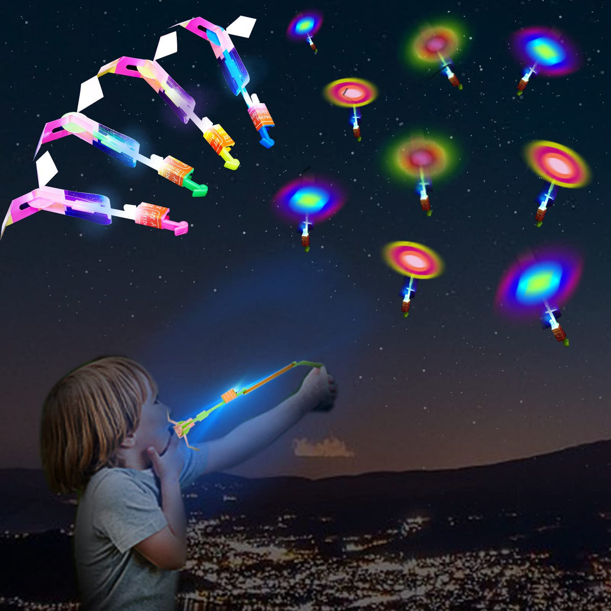 Wellvo 60-Piece Glow LED Rocket Helicopters Set – 30 Launchers + 30 Glow Helicopters for Outdoor Fun