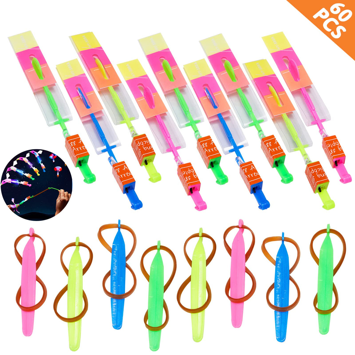 Wellvo 60-Piece Glow LED Rocket Helicopters Set – 30 Launchers + 30 Glow Helicopters for Outdoor Fun