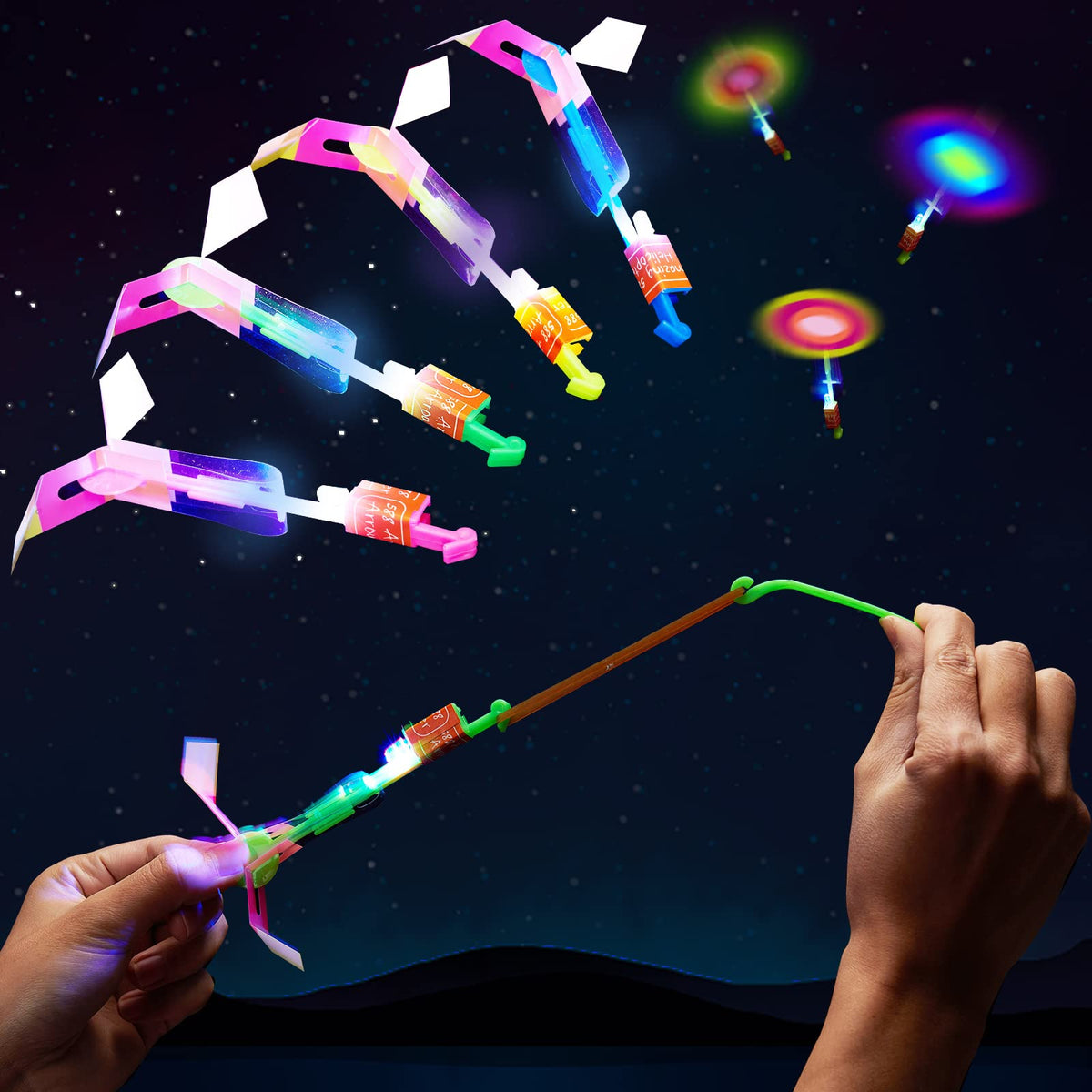 Wellvo 60-Piece Glow LED Rocket Helicopters Set – 30 Launchers + 30 Glow Helicopters for Outdoor Fun