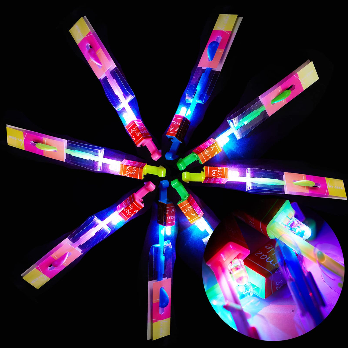 Wellvo 60-Piece Glow LED Rocket Helicopters Set – 30 Launchers + 30 Glow Helicopters for Outdoor Fun
