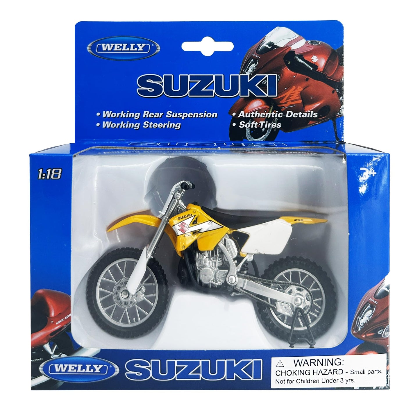 Welly Die Cast Suzuki RM250 Yellow 1:18 Scale Motorcycle – Collectible Dirt Bike Model