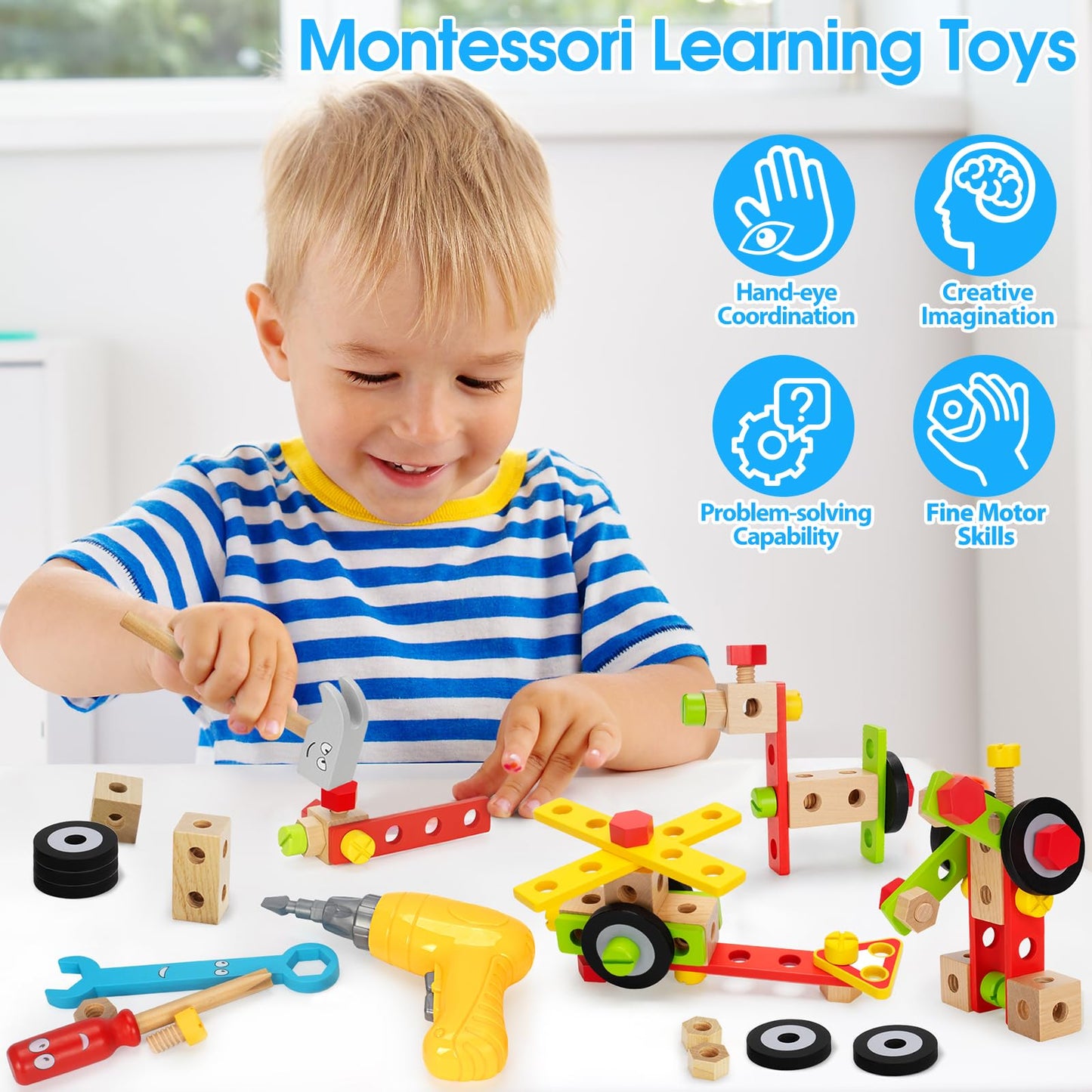 WEMEMORN Kids Tool Set with Electric Drill — 46-Piece Wooden Montessori STEM Toy