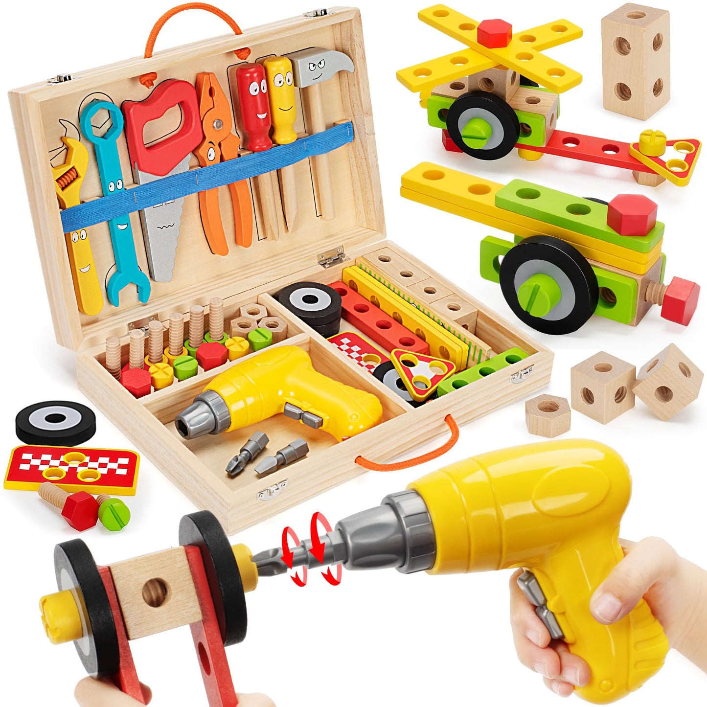 WEMEMORN Kids Tool Set with Electric Drill — 46-Piece Wooden Montessori STEM Toy
