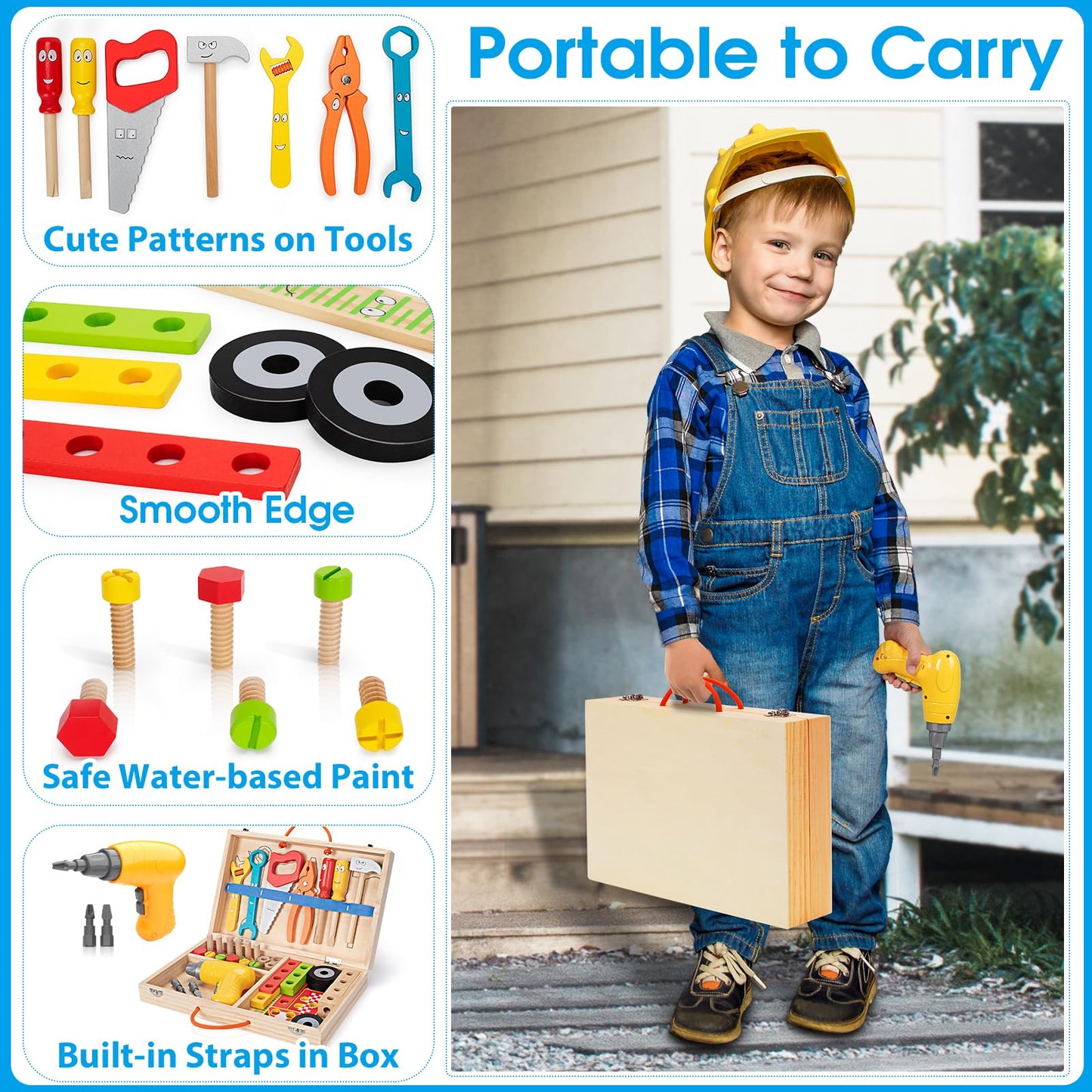 WEMEMORN Kids Tool Set with Electric Drill — 46-Piece Wooden Montessori STEM Toy