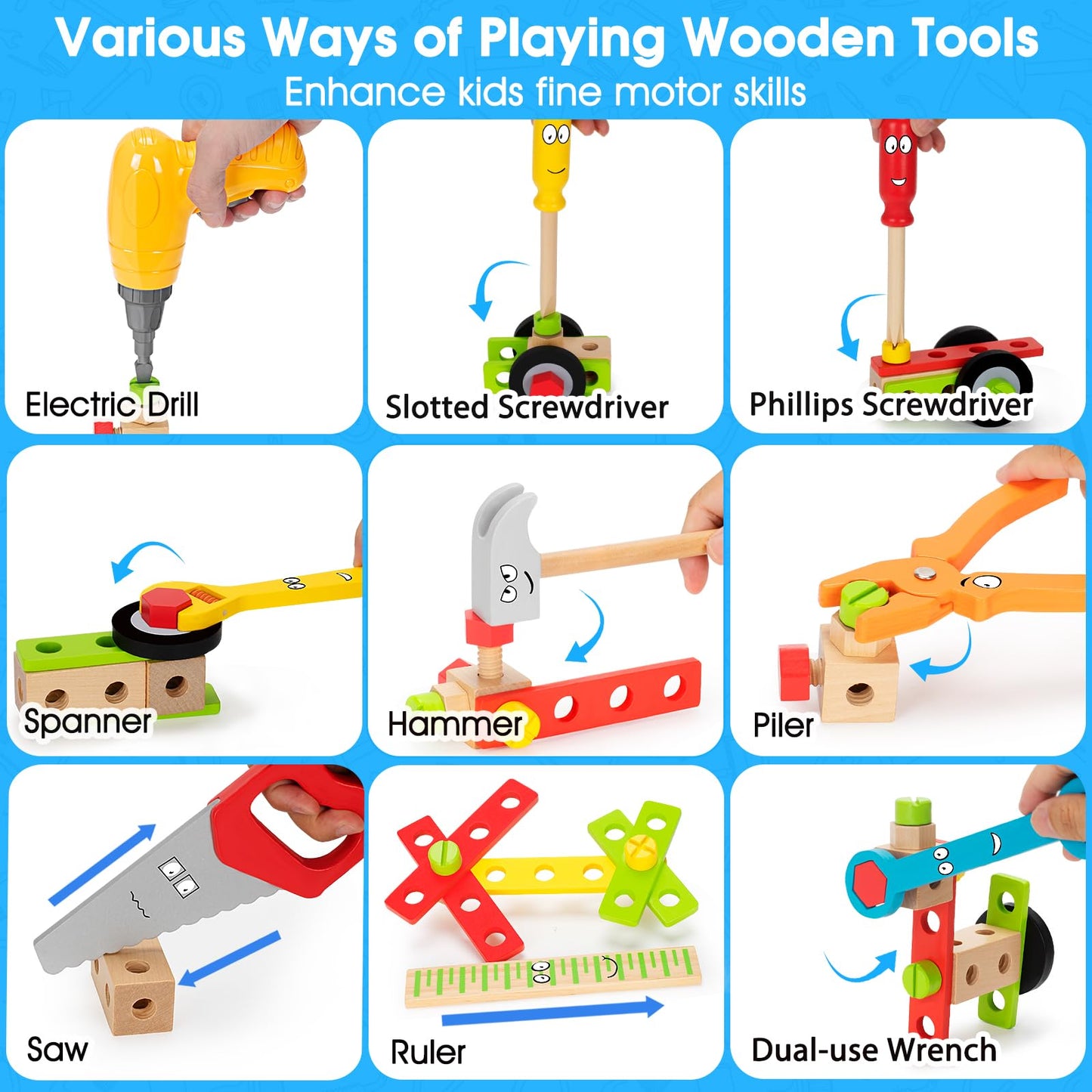 WEMEMORN Kids Tool Set with Electric Drill — 46-Piece Wooden Montessori STEM Toy