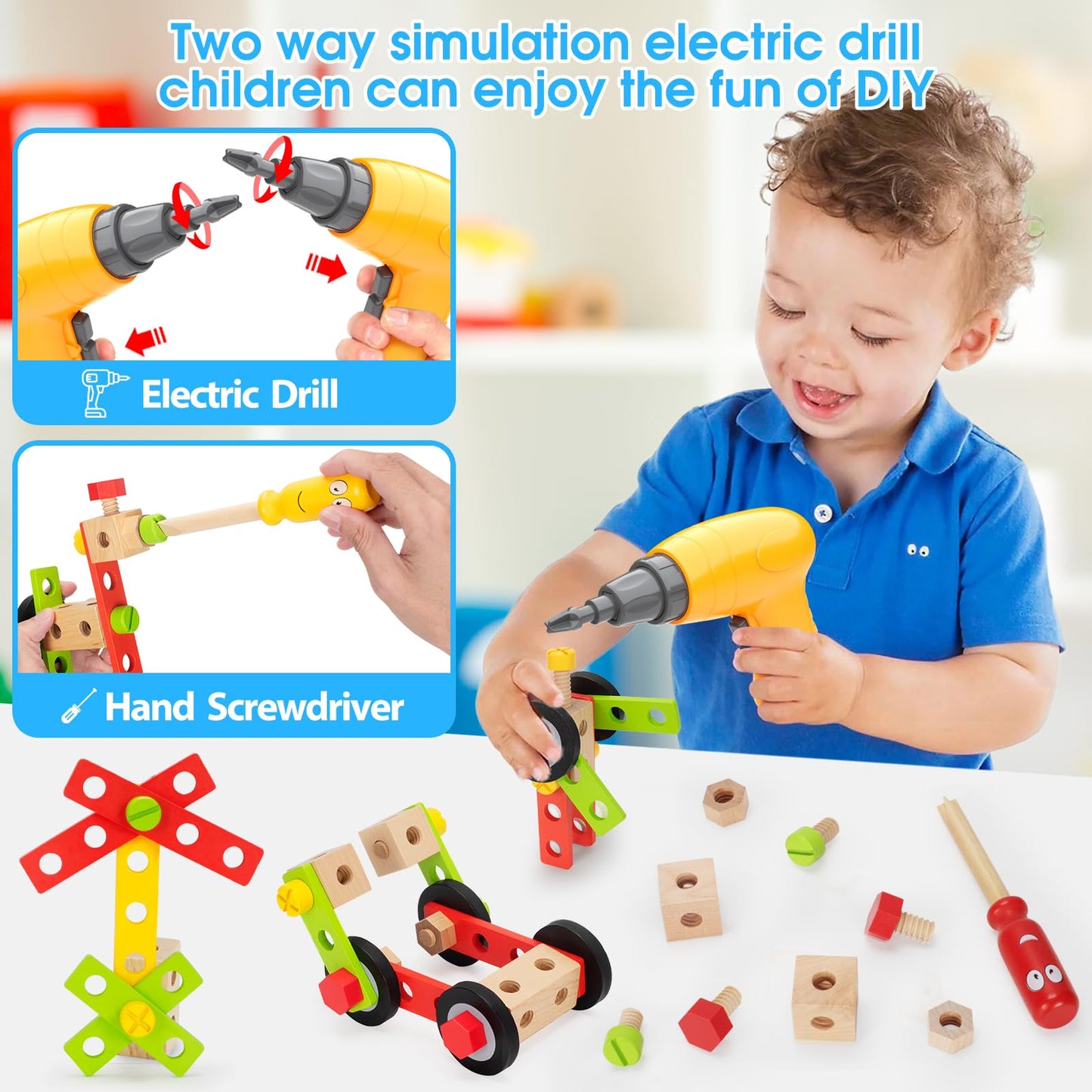 WEMEMORN Kids Tool Set with Electric Drill — 46-Piece Wooden Montessori STEM Toy