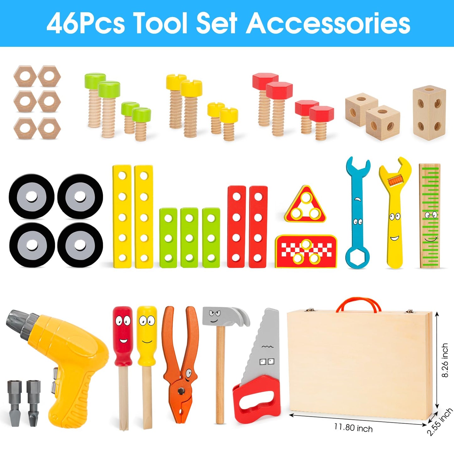 WEMEMORN Kids Tool Set with Electric Drill — 46-Piece Wooden Montessori STEM Toy