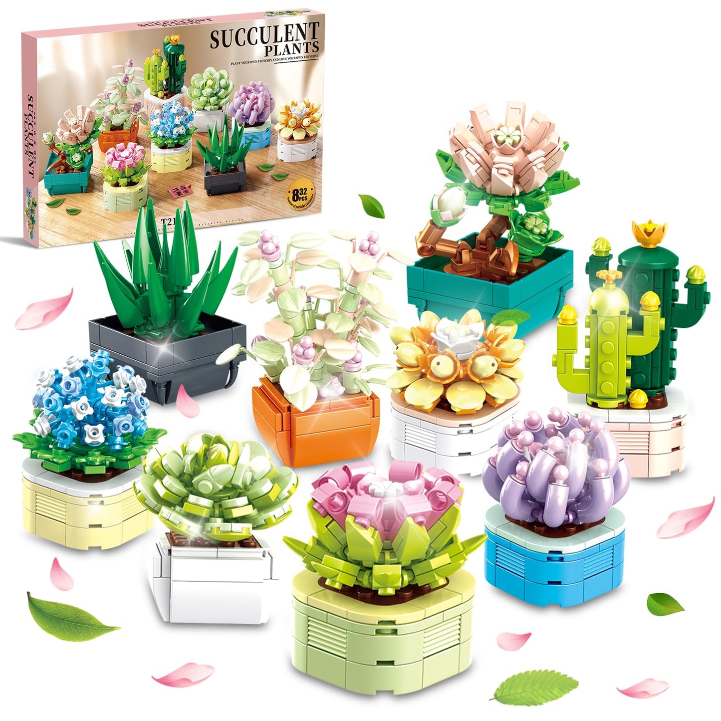 WEMEWEME 9-Pack Tiny Flowers Succulents Botanical Collection – 832 PCS, LEGO-Compatible Bonsai Building Toys