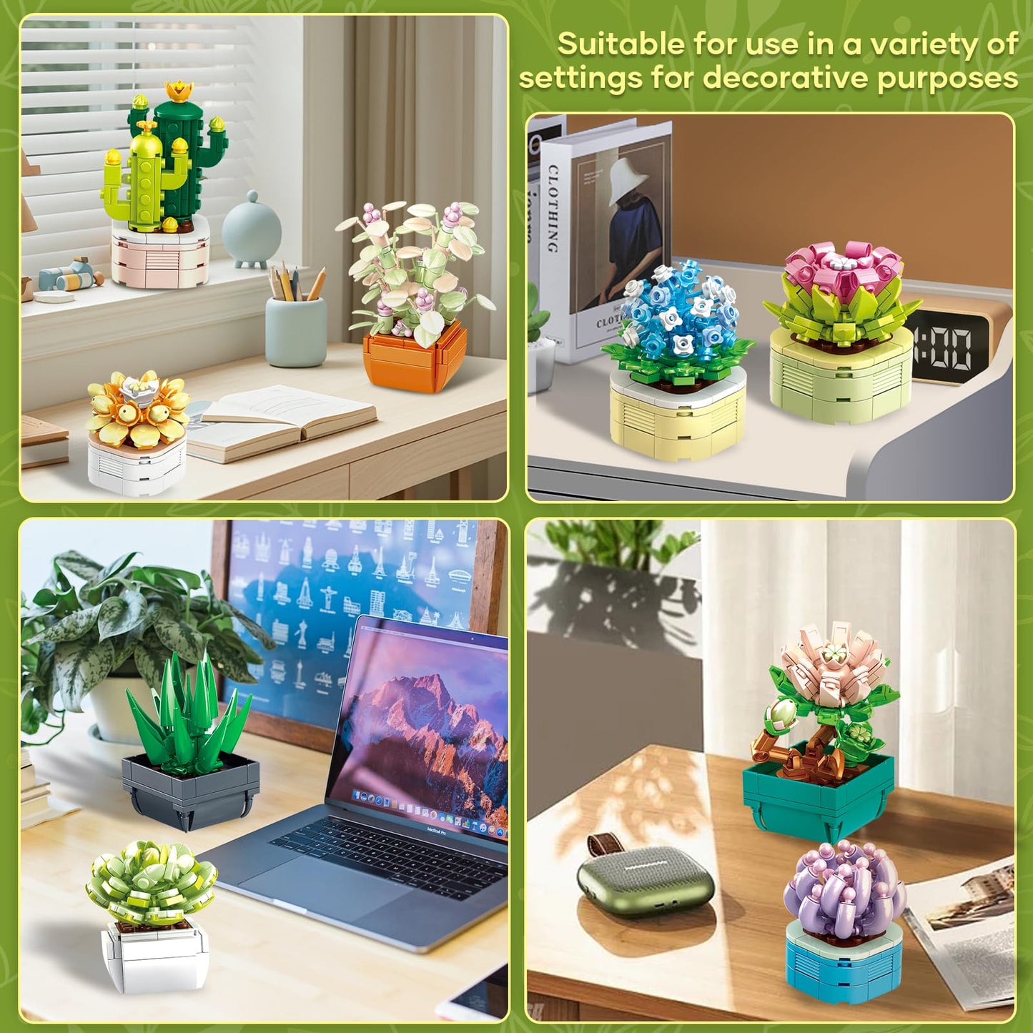WEMEWEME 9-Pack Tiny Flowers Succulents Botanical Collection – 832 PCS, LEGO-Compatible Bonsai Building Toys