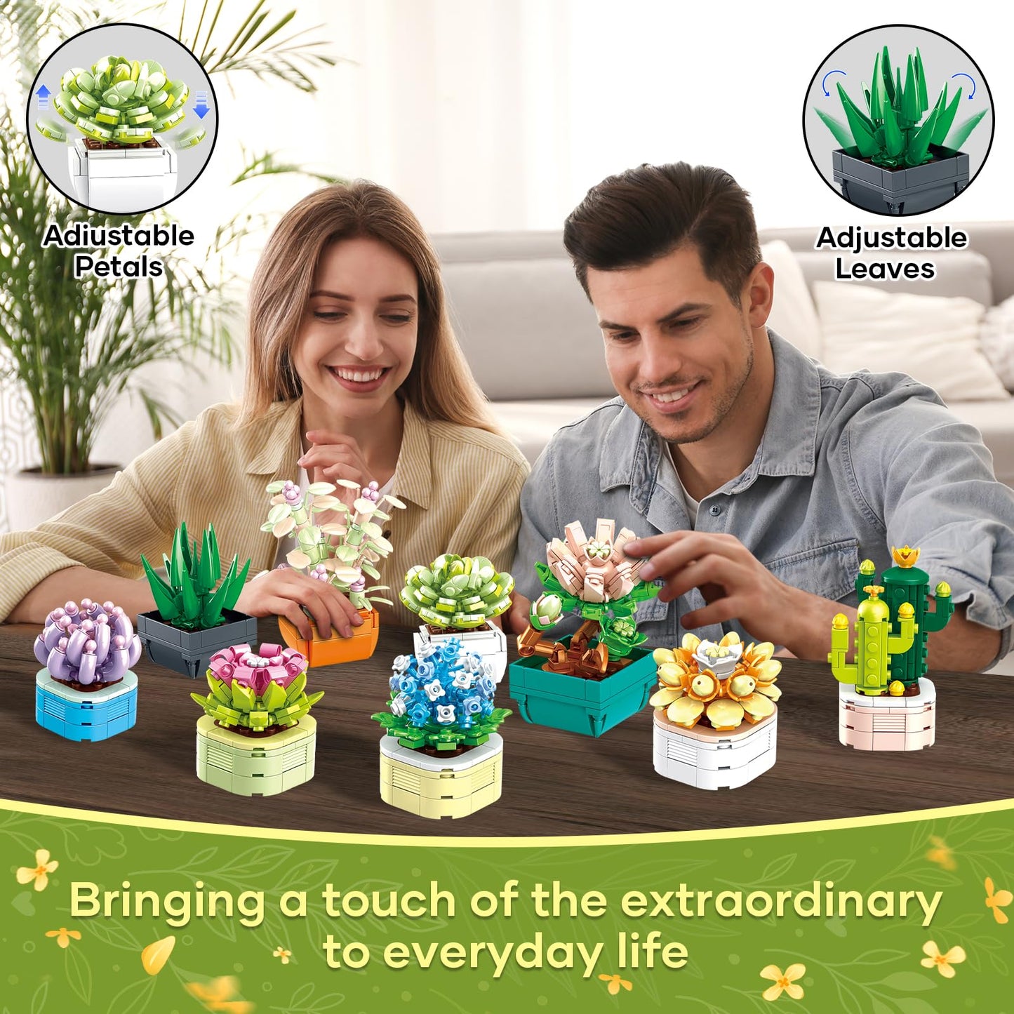 WEMEWEME 9-Pack Tiny Flowers Succulents Botanical Collection – 832 PCS, LEGO-Compatible Bonsai Building Toys