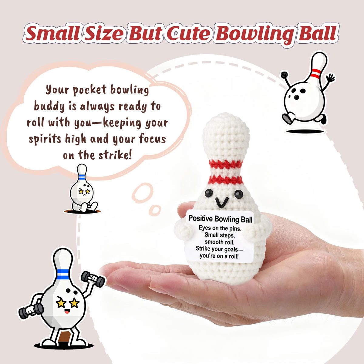 Weming Positive Sports Motivation – 4-Inch Mini Crochet Bowling Ball Plush with Message Sign