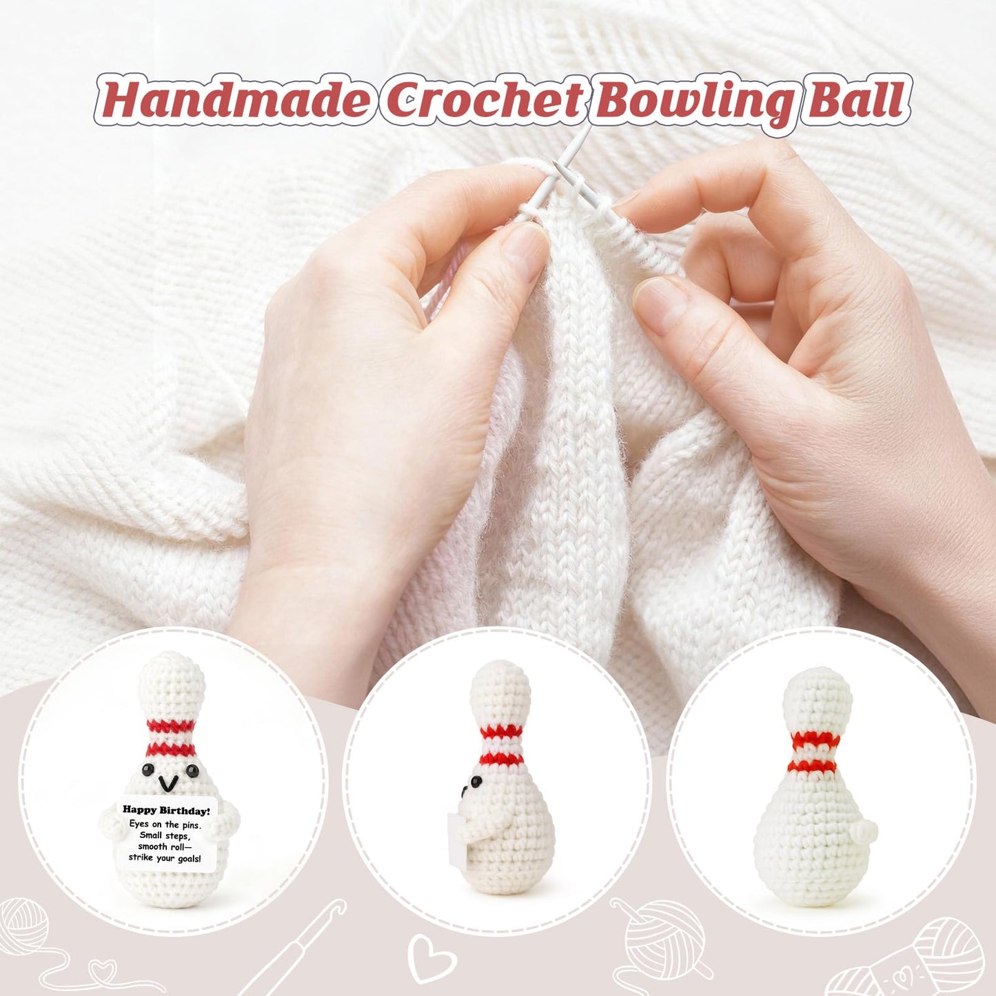 Weming Bowler Birthday Gift – Mini Crochet Bowling Ball Plush (4-inch) with Positive Sign