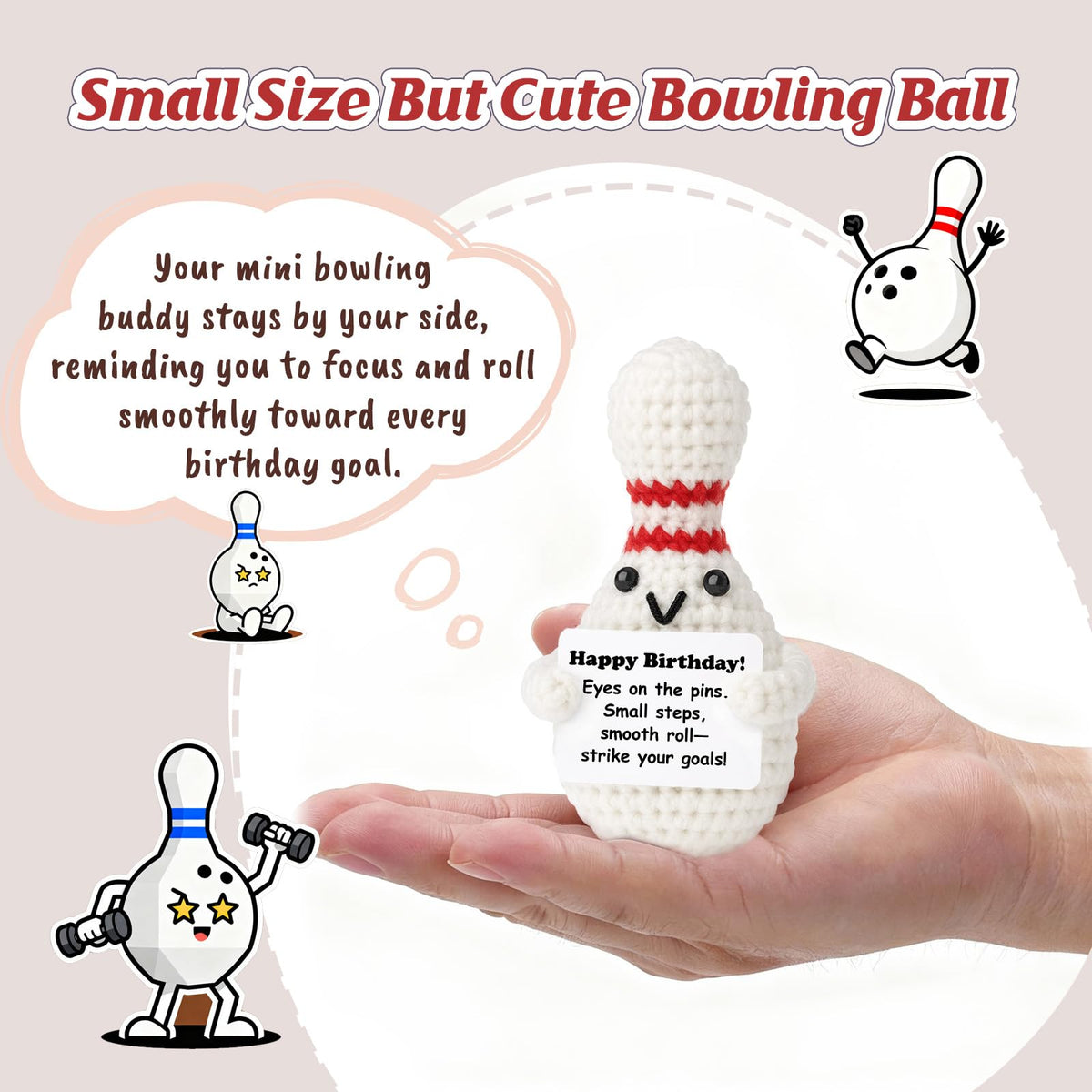 Weming Bowler Birthday Gift – Mini Crochet Bowling Ball Plush (4-inch) with Positive Sign