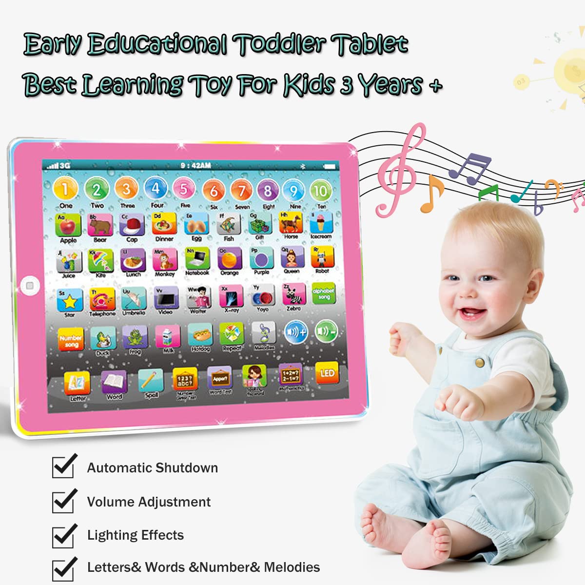 Wenbeier Kids Tablet Learning Pad – ABC, Words & Music for 3-5 Year Olds