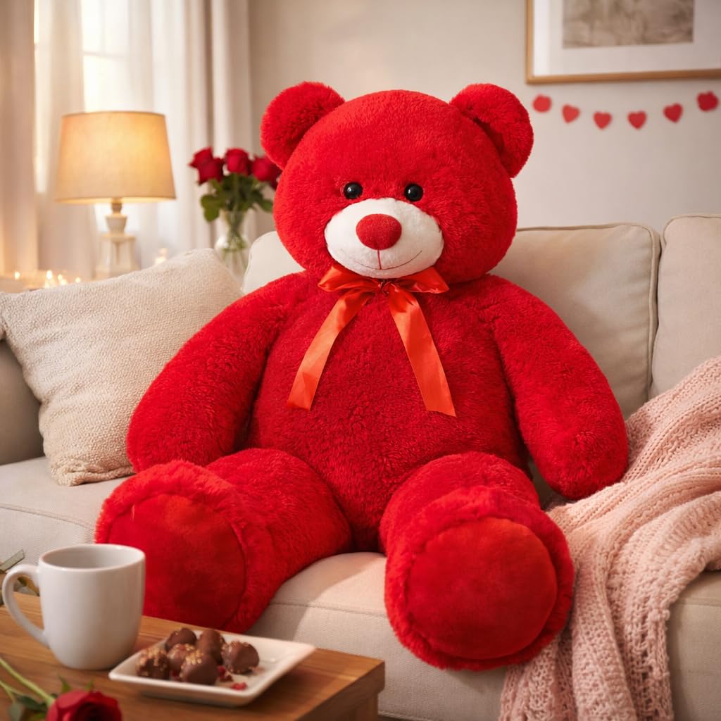 WENMOTDY Giant Teddy Bear 4ft Plush – Tan with Red Ribbon Bow