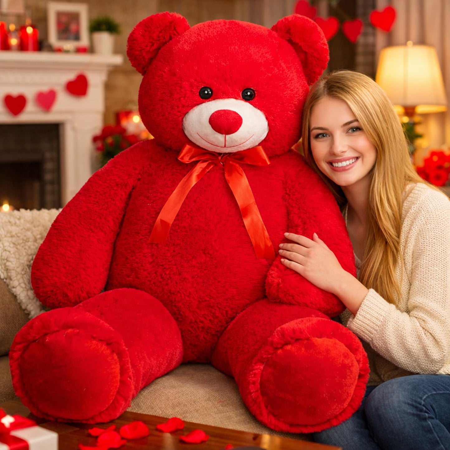 WENMOTDY Giant Teddy Bear 4ft Plush – Tan with Red Ribbon Bow