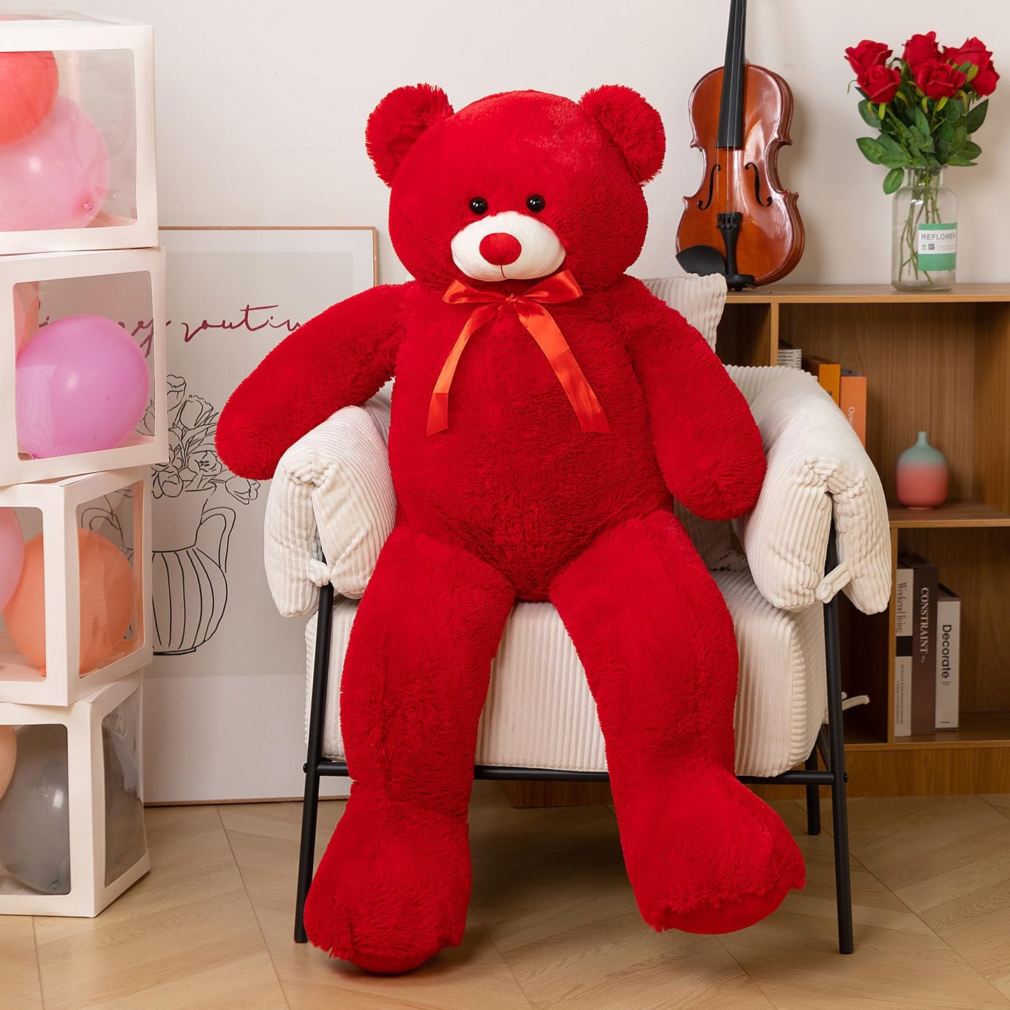 WENMOTDY Giant Teddy Bear 4ft Plush – Tan with Red Ribbon Bow