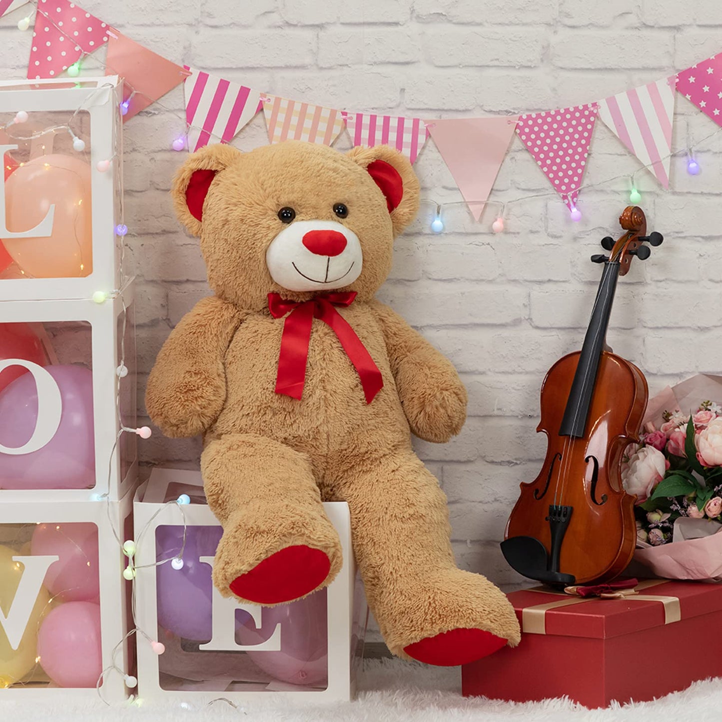 WENMOTDY 36-Inch Tan Teddy Bear Plush with Red Ribbon Bow – Giant Plush Gift