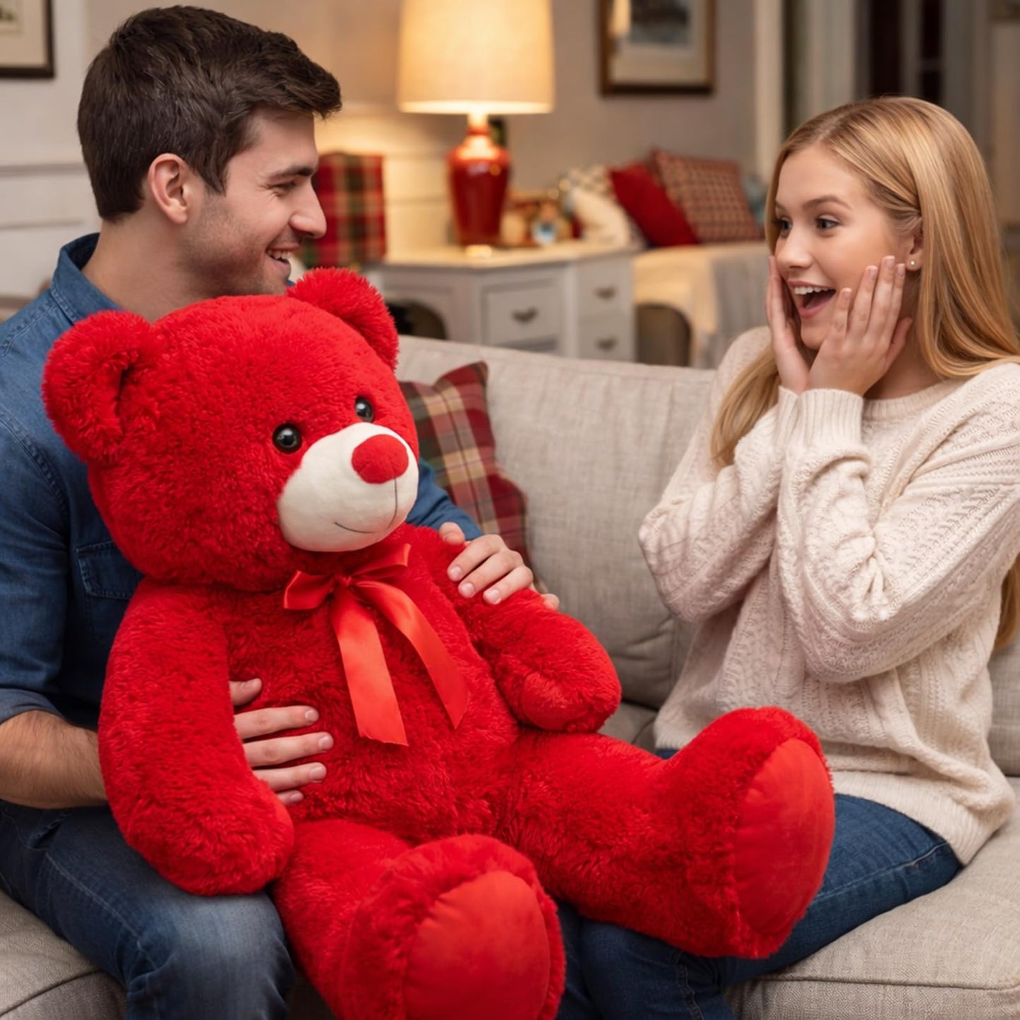 WENMOTDY 36-Inch Giant Teddy Bear Plush with Red Ribbon Bow – Soft Gift for Girlfriend or Bride