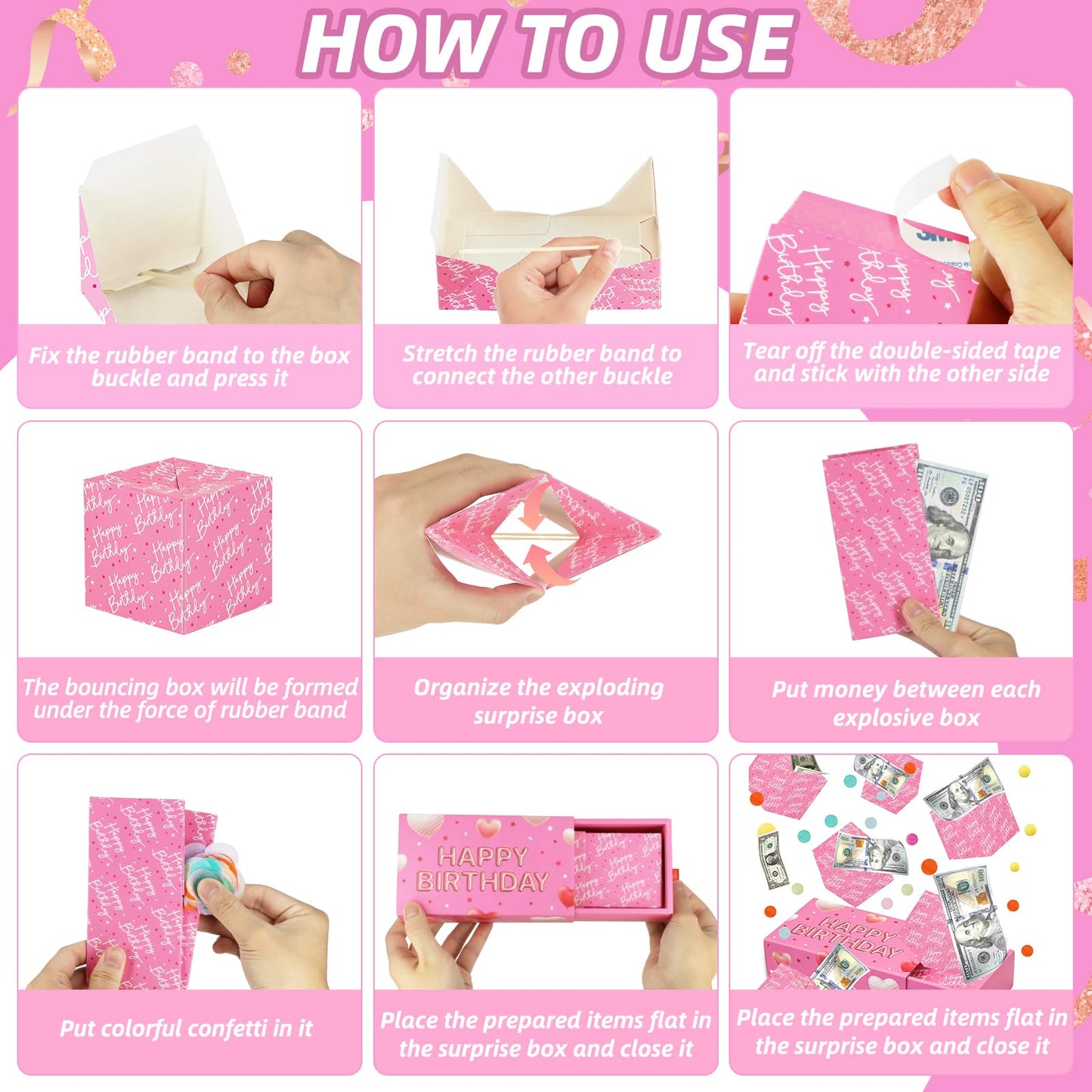 WenmthG Pink Birthday Surprise Gift Box Explosion for Money – DIY Confetti Pop