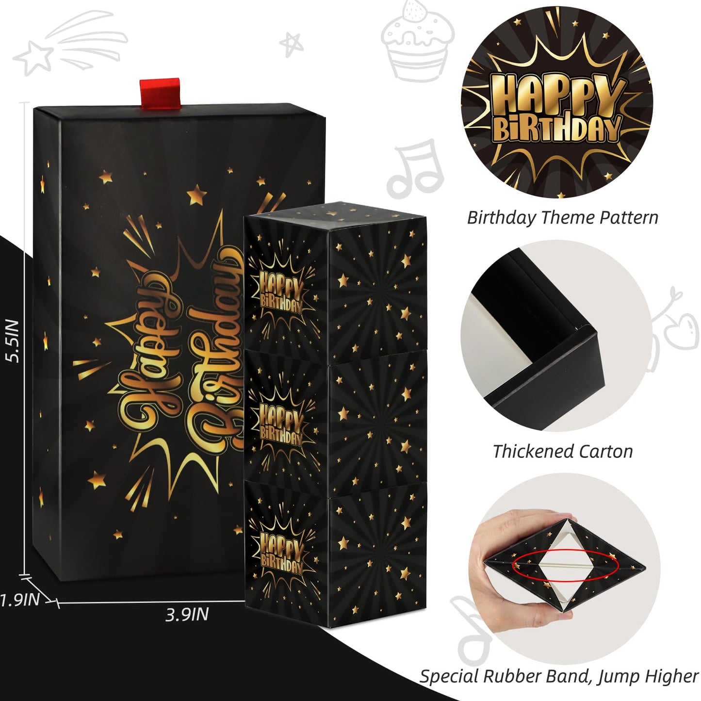 WenmthG Happy Birthday Surprise Gift Box Explosion – DIY Confetti Money Gift Box (Black Gold)
