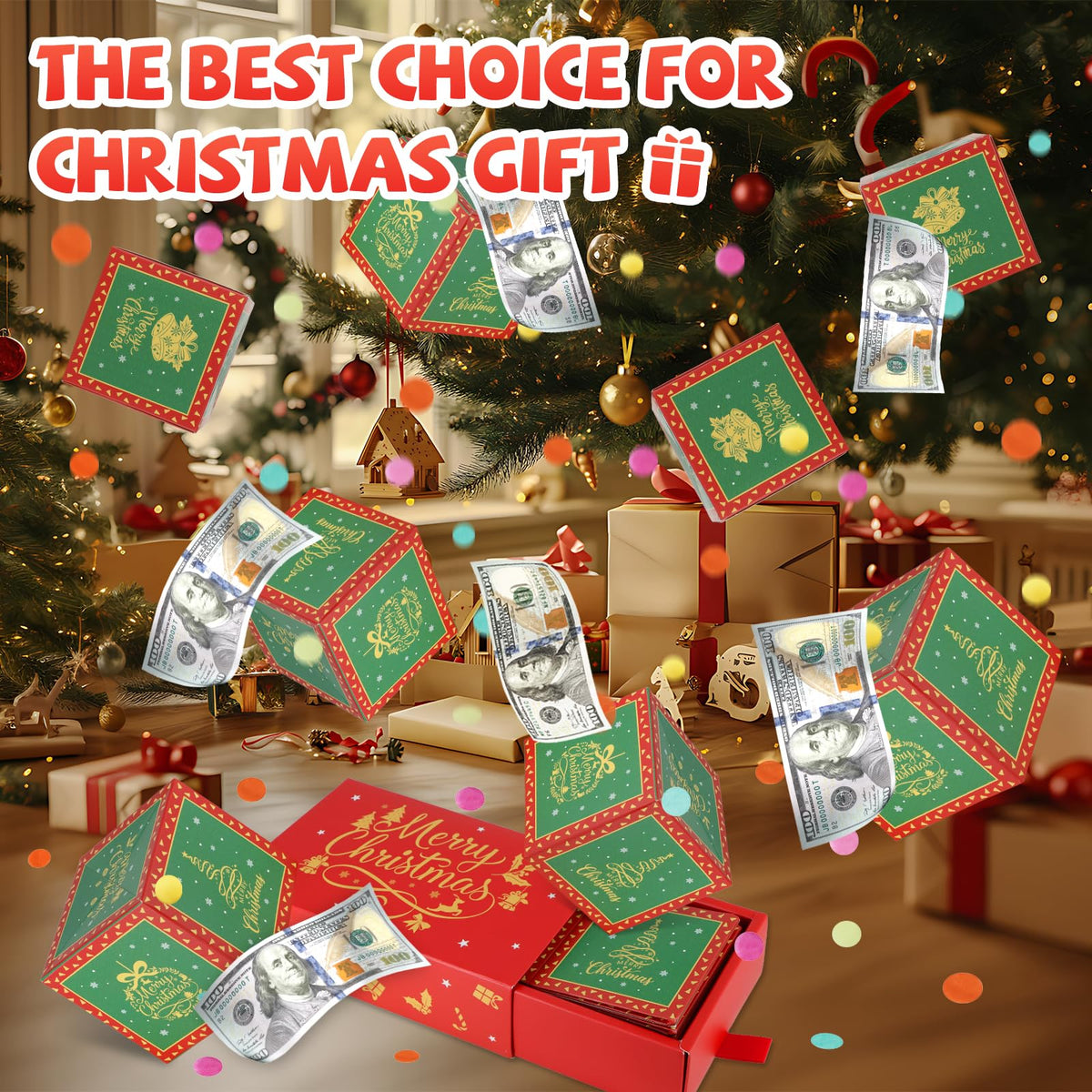 WenmthG Christmas Surprise Gift Box Explosion for Money – DIY Pop-Out Confetti Box (Red)