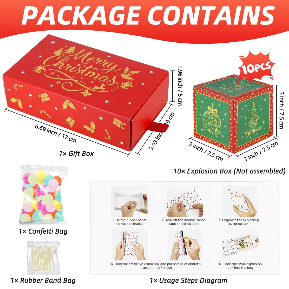 WenmthG Christmas Surprise Gift Box Explosion for Money – DIY Pop-Out Confetti Box (Red)