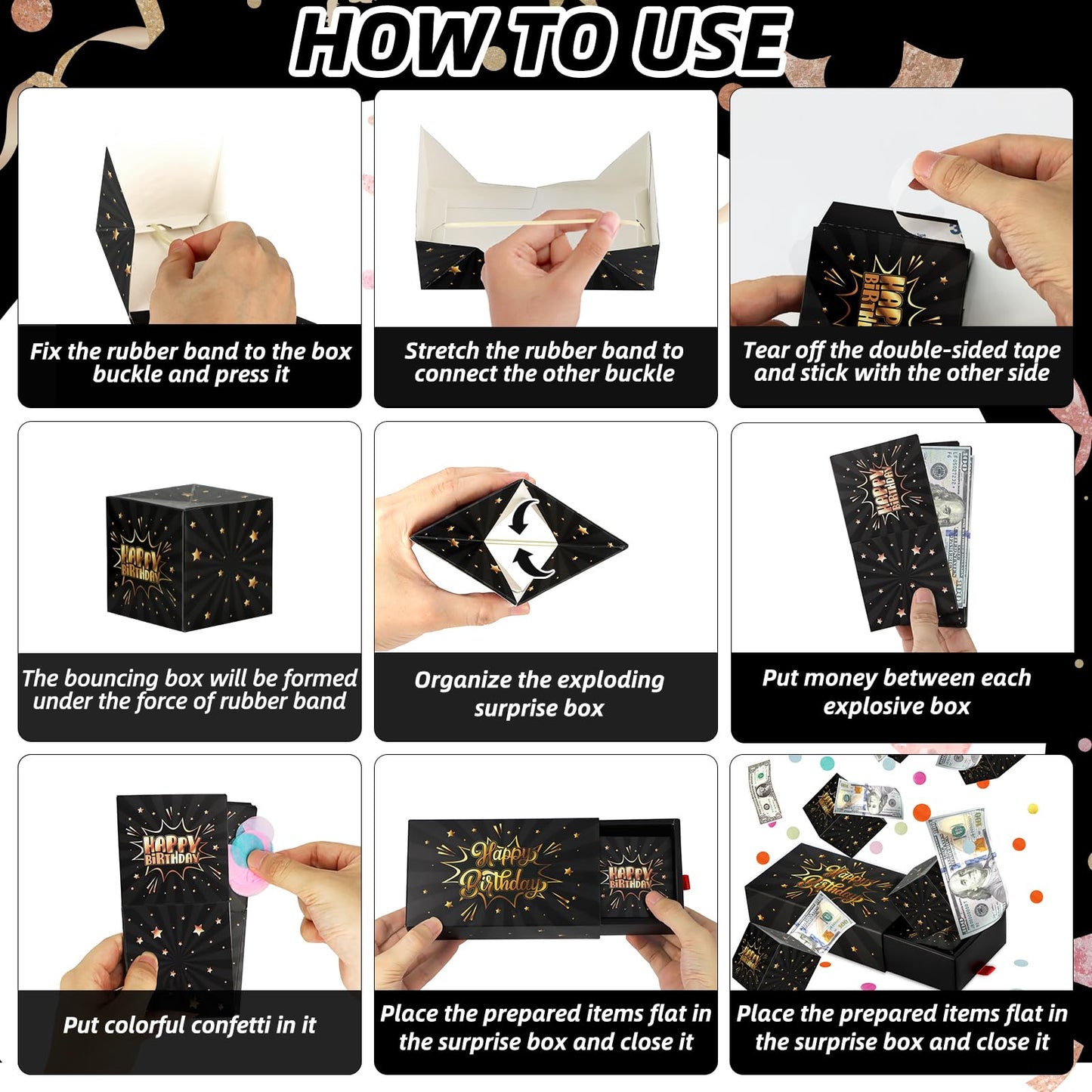 WenmthG Happy Birthday Surprise Gift Box Explosion – DIY Confetti Money Gift Box (Black Gold)