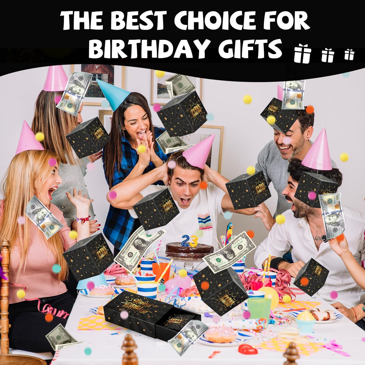 WenmthG Happy Birthday Surprise Gift Box Explosion – DIY Confetti Money Gift Box (Black Gold)